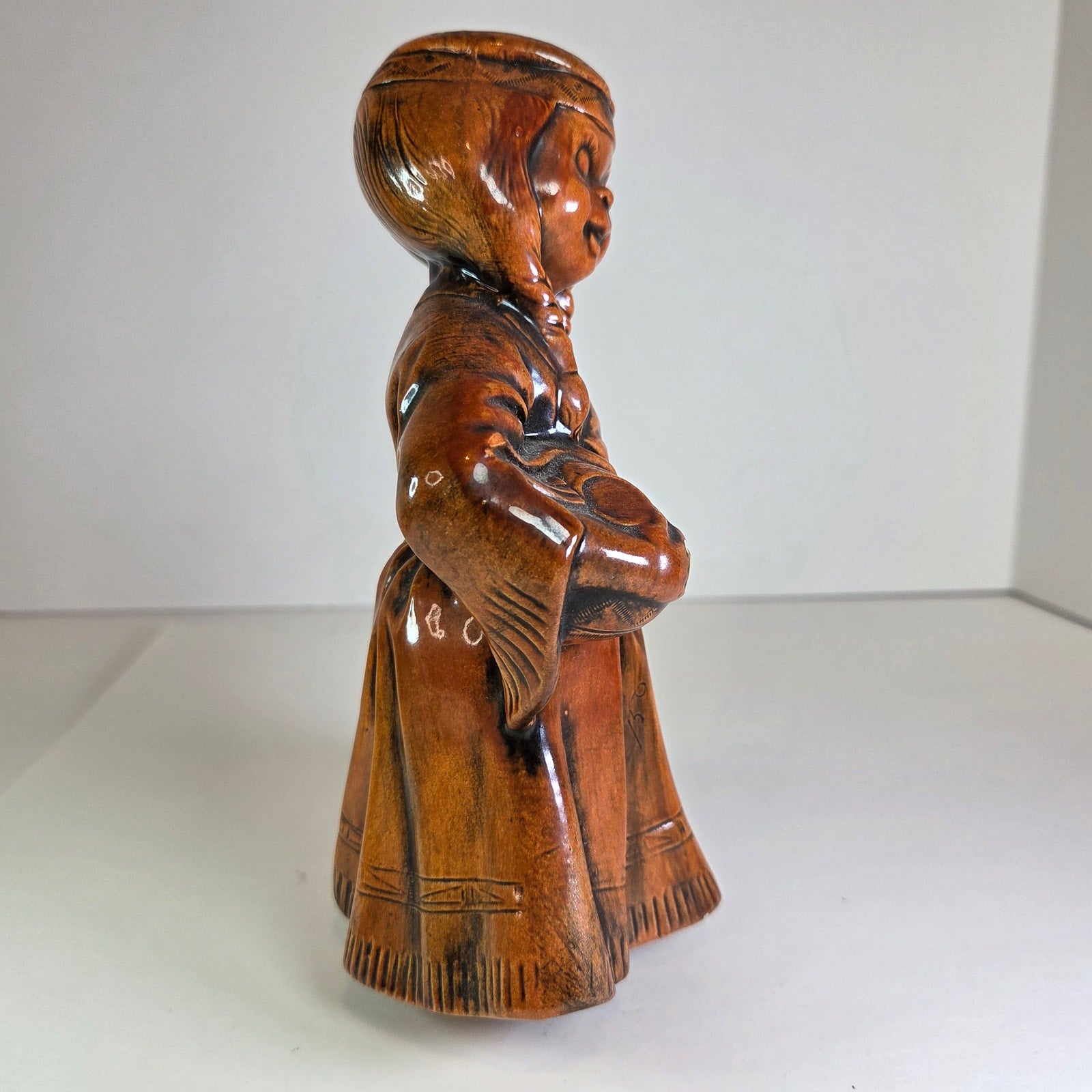 Vintage Ceramic Figurine Native American Girl Holding Pottery Brown Glaze 7.75"