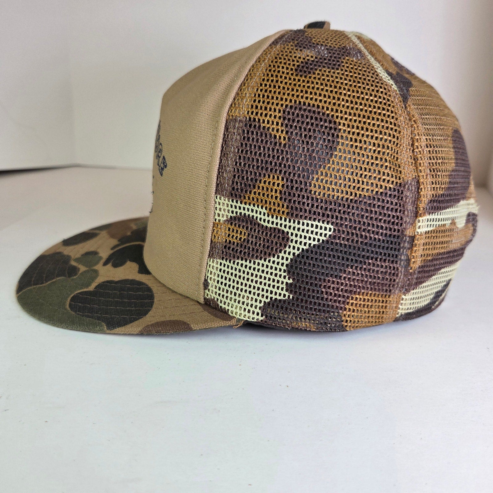 Vintage Log Cabin Store Danbury WI Camo Mesh Trucker Hat USA Made Semco