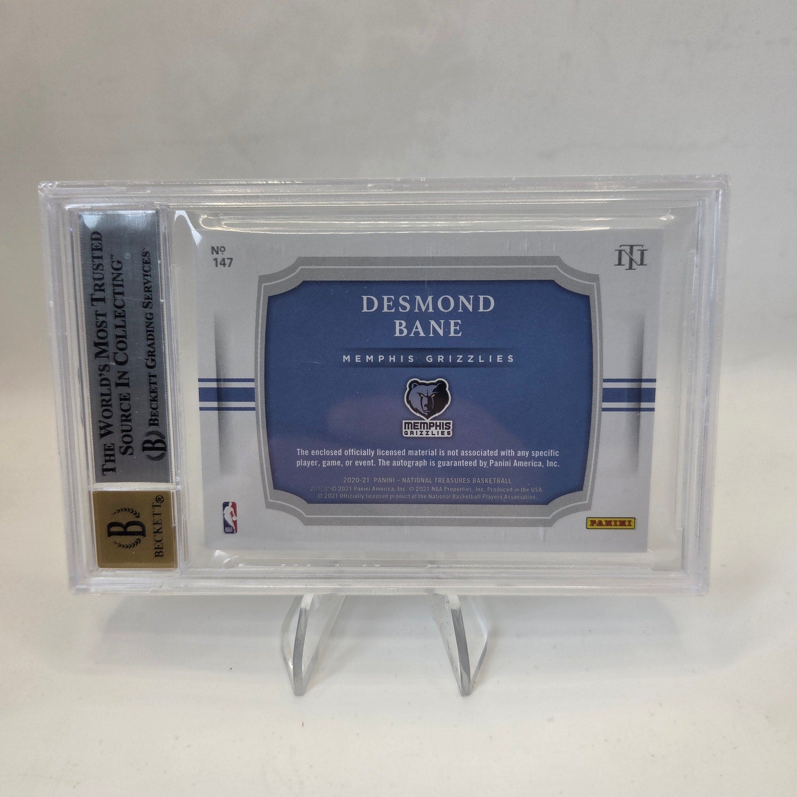 2020-21 National Treasures Desmond Bane RPA /75 Patch Auto BGS 9 Auto 10 Rookie