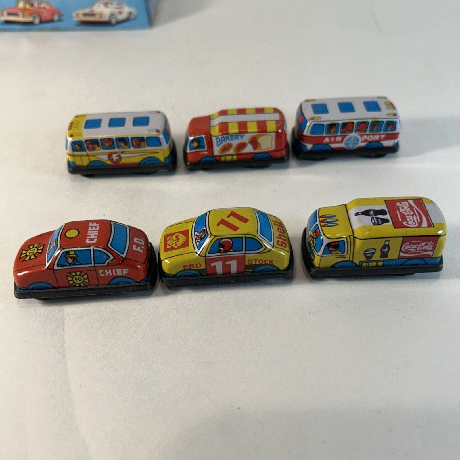 Vintage Tin Litho Friction Super Mini Toy Car Set w/ Display Taiwan 12pc