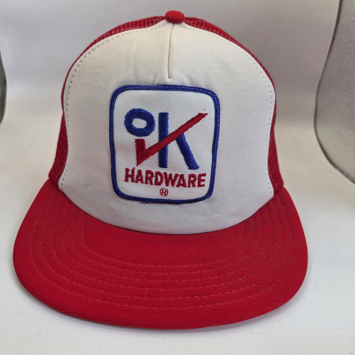 Vintage OK Hardware Trucker Snapback Hat USA Industrial Uniform Company Red