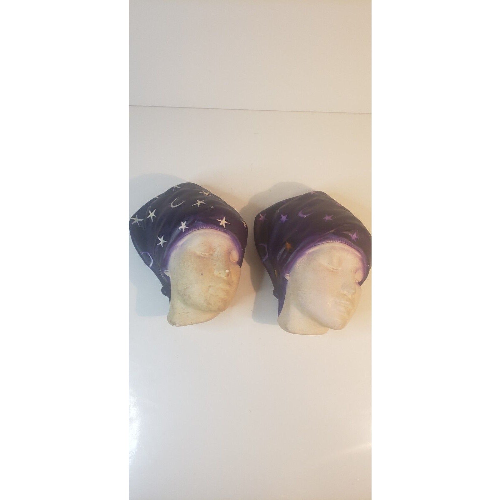 Pair Vintage Chalkware Wall Busts – Women w/ Purple Star Headwraps