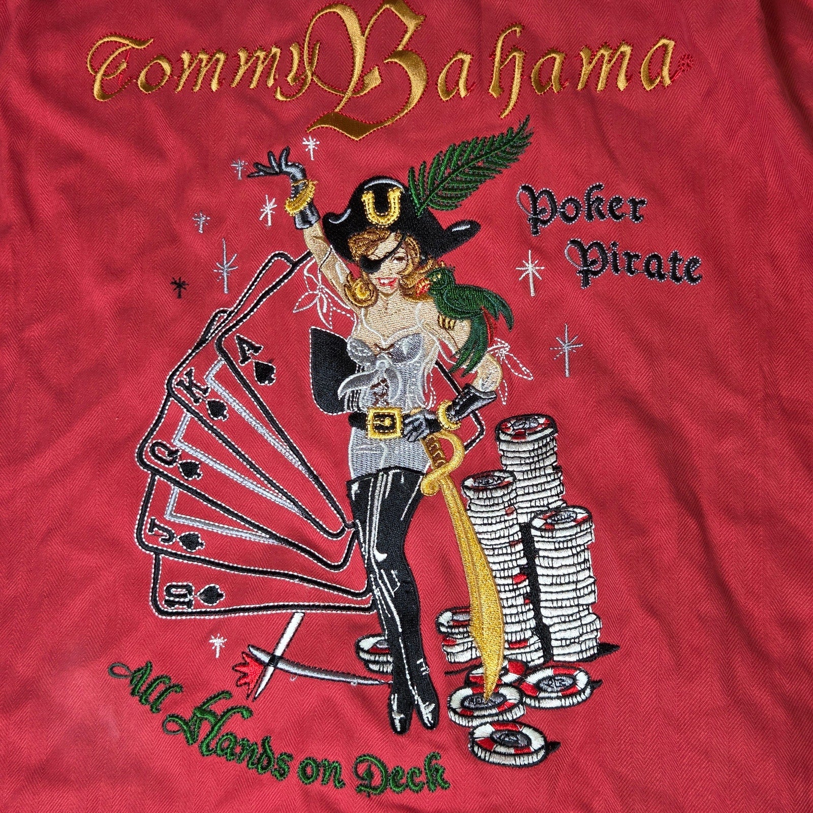 Tommy Bahama Poker Pirate Silk Shirt Red Short Sleeve Button Up Size L