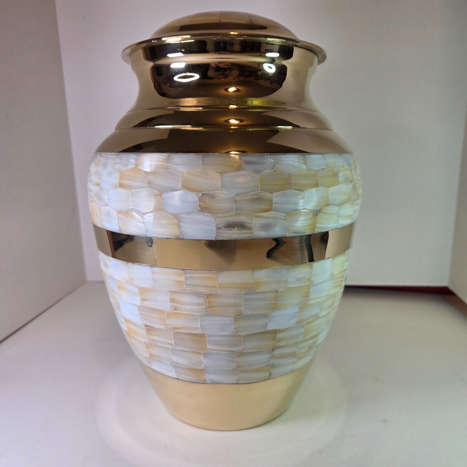 Large 12" Brass Mother of Pearl Cremation Urn for Adult Ashes
