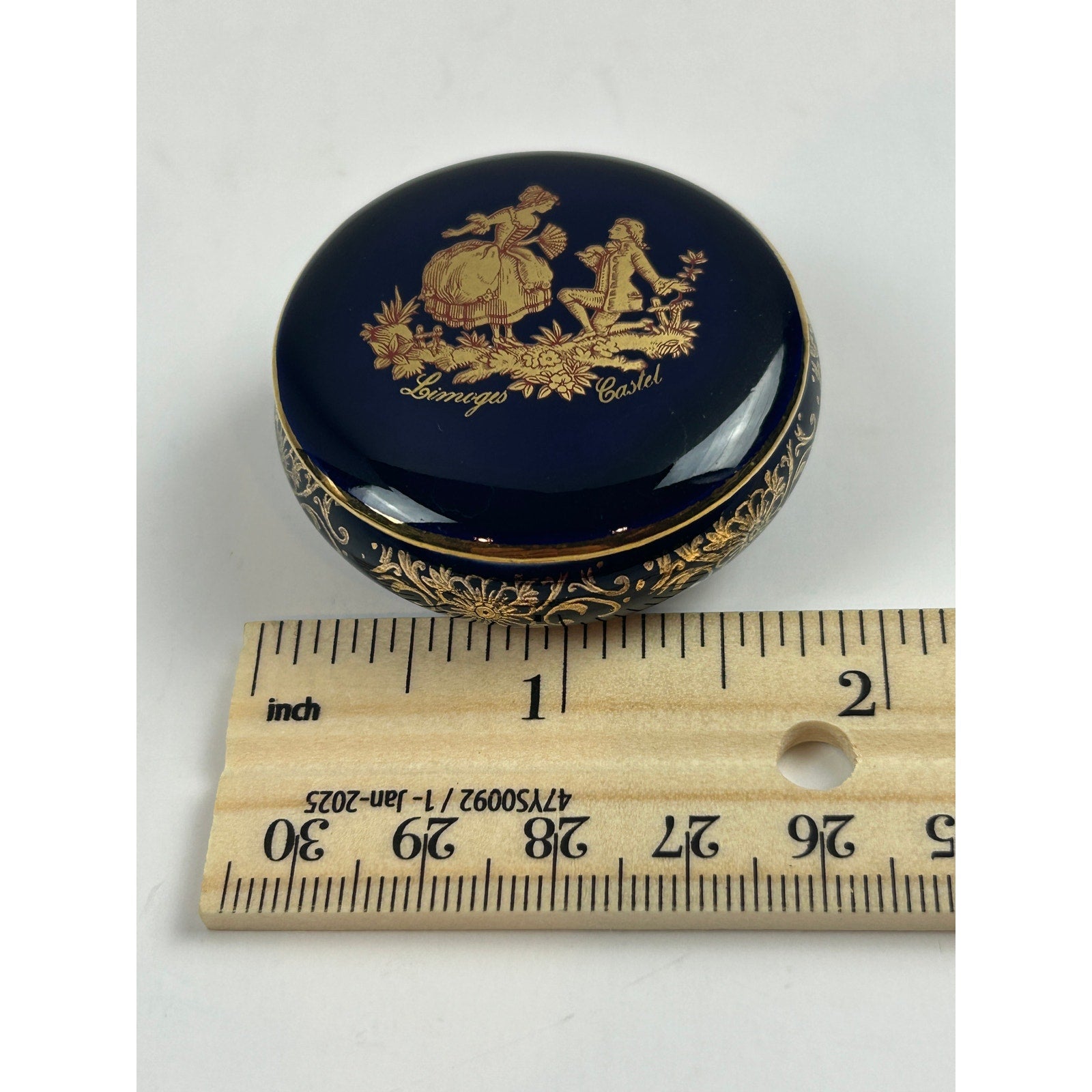 Limoges Castel Cobalt Blue Trinket Box Courting Couple 22K Gold France