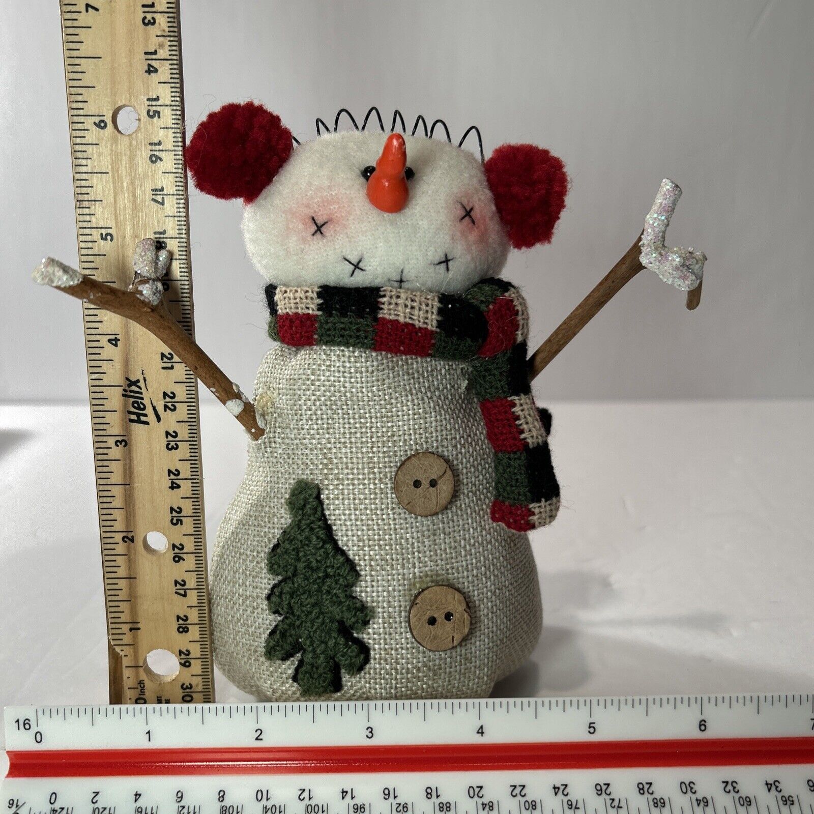 Rustic Fabric Snowman Figurine w/ Stick Arms, Earmuffs & Scarf 8" Country Decor