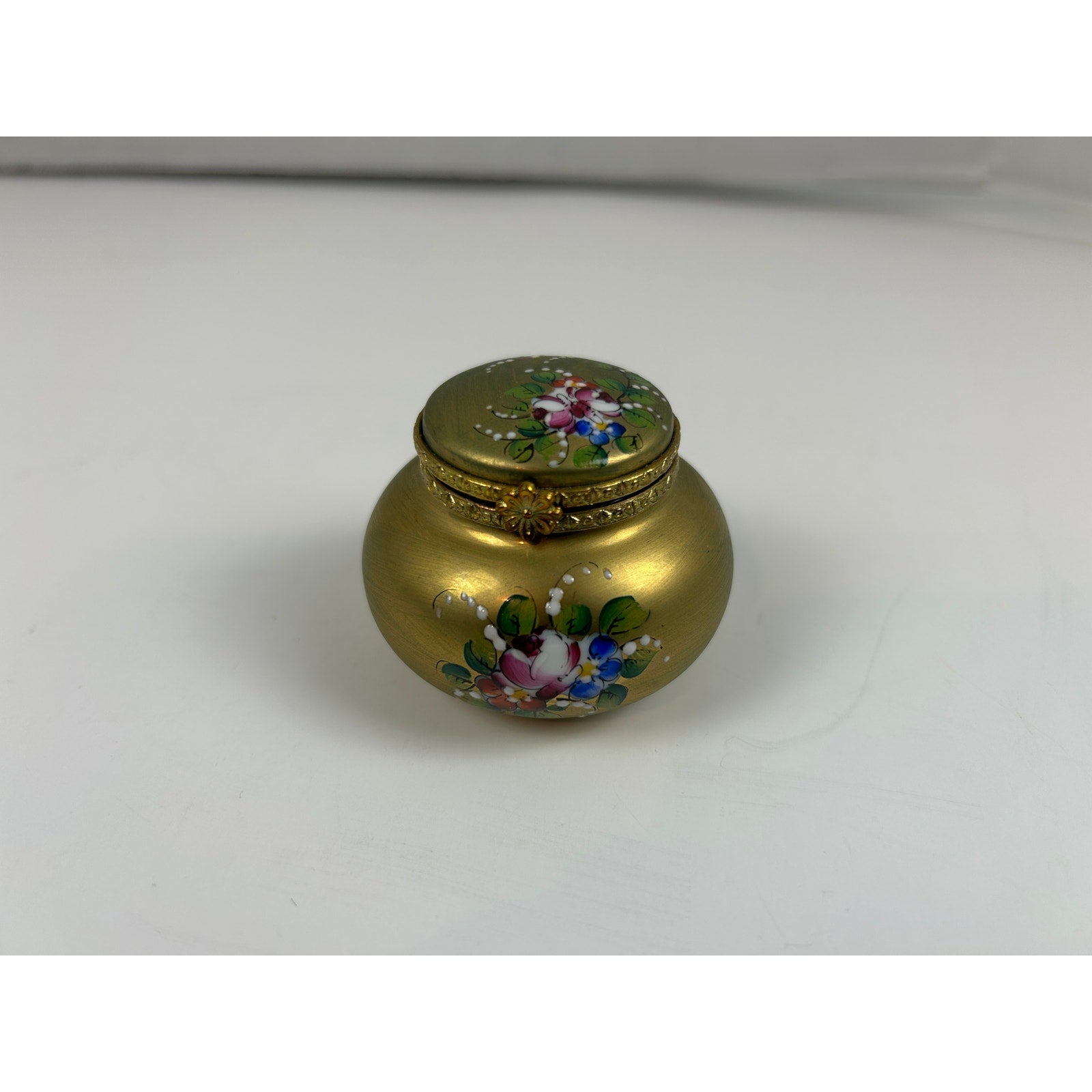 Limoges France Hand Painted Trinket Box Matte Gold Floral Round