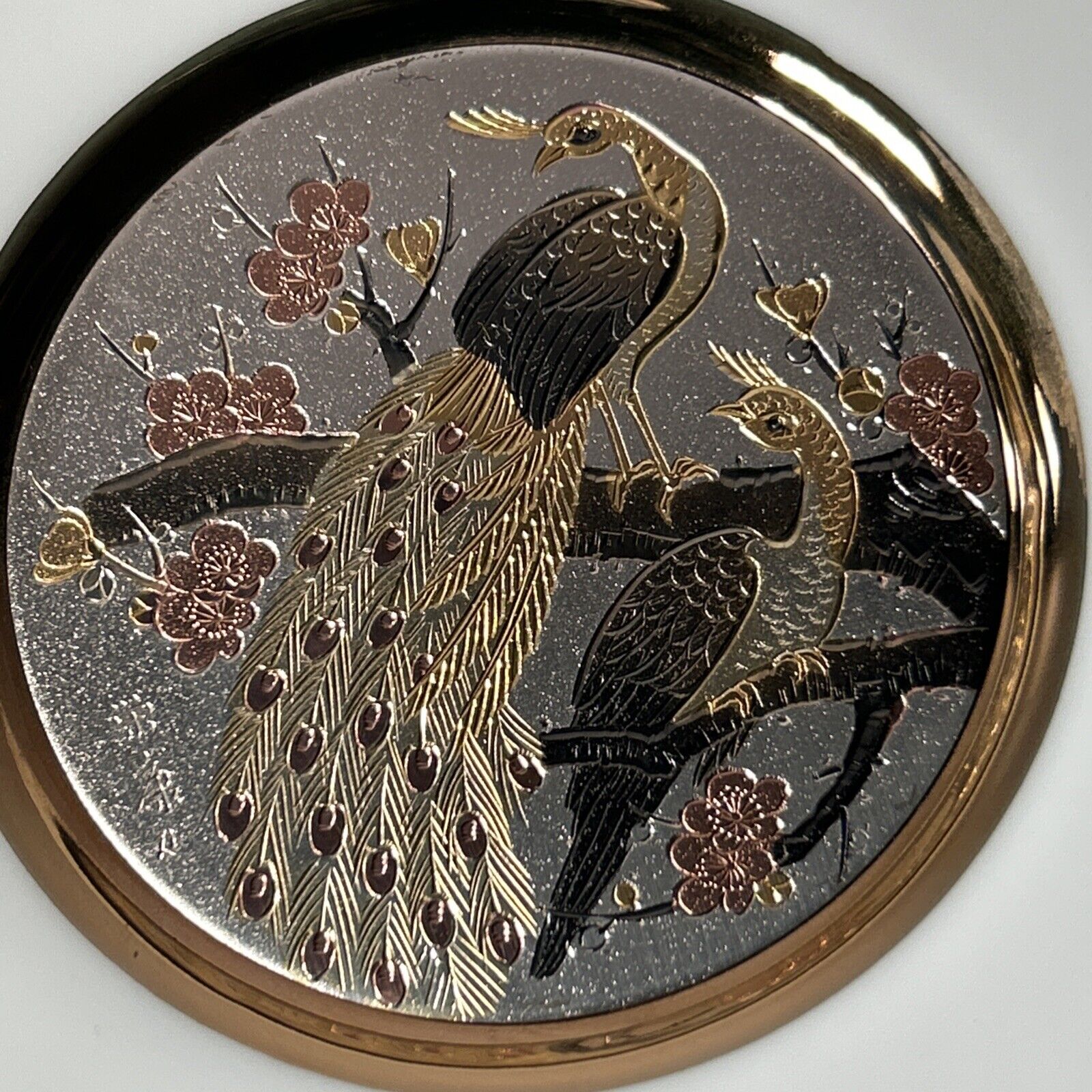 Art of Chokin Plate 24Kt Gold Edged Peacocks 6" Porcelain