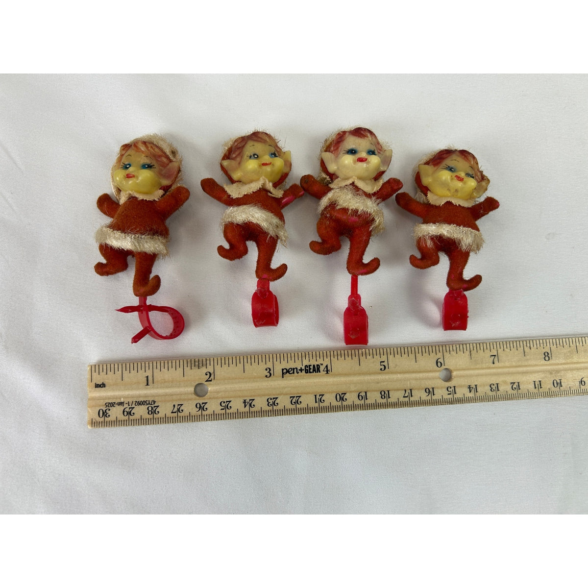 Vintage 1940s 1950s Flocked Pixie Elf Christmas Ornament Clips Lot of 4