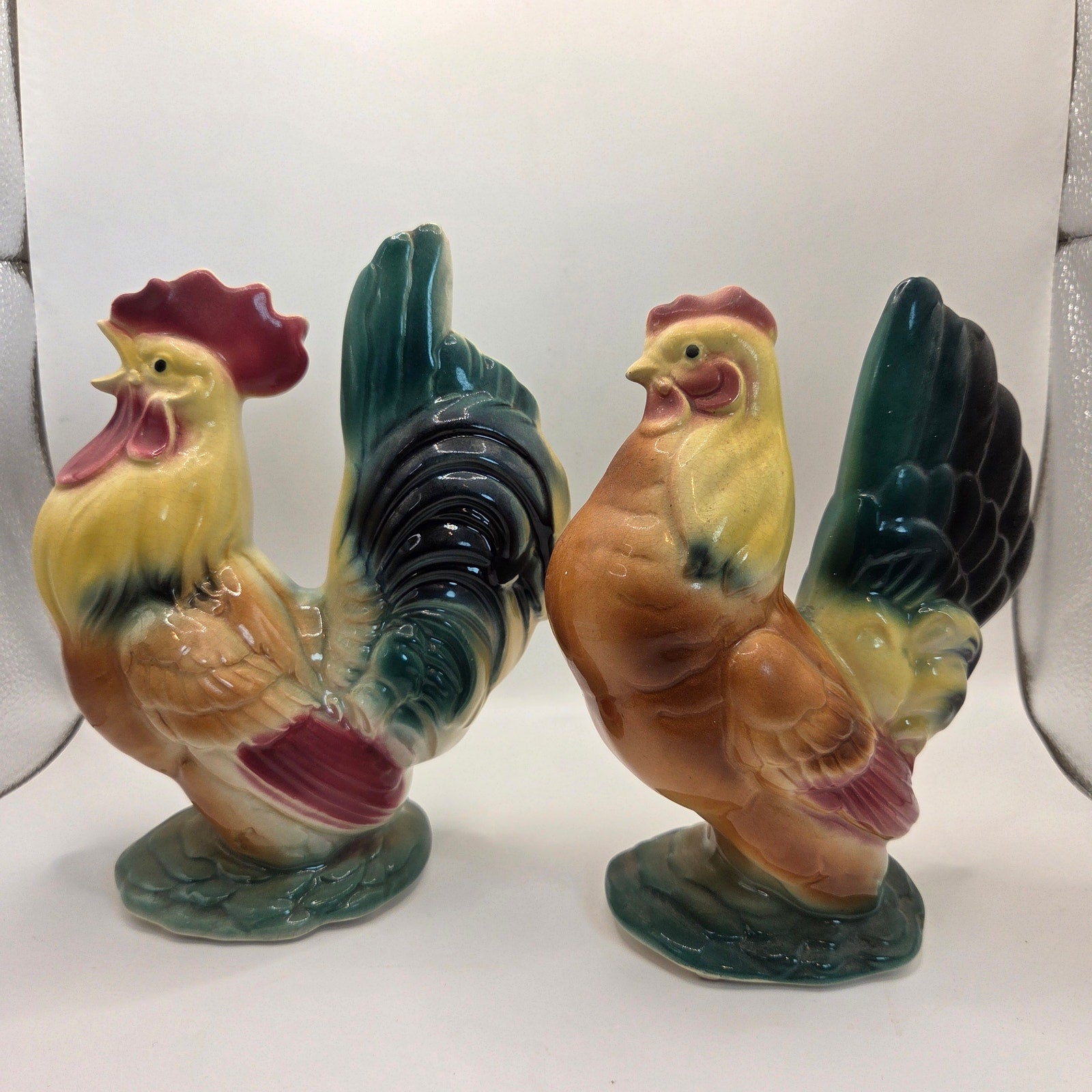Vintage Royal Copley Rooster & Hen Figurine Pair 1950s Ceramic Statues
