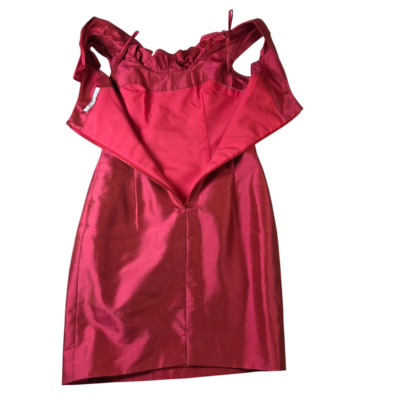Marisa Baratelli Thai Silk One Shoulder Ruffle Cocktail Dress Red Size 4
