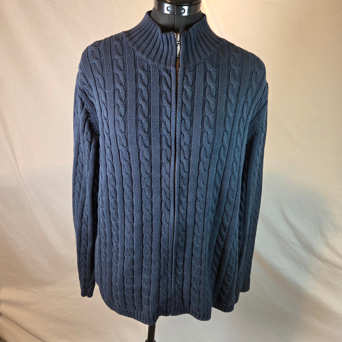 Vintage LL Bean Womens XL Cotton Cable Knit Full Zip Mock Neck Sweater Hong Kong