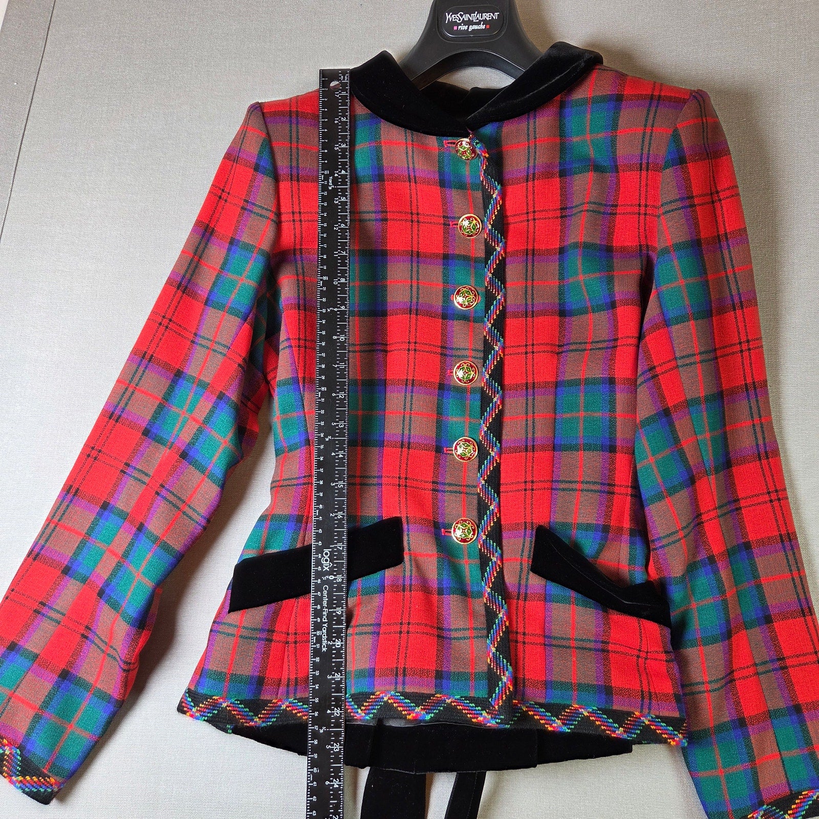 Vintage Yves Saint Laurent Rive Gauche 1994 Tartan Wool Jacket Velvet Trim FR38