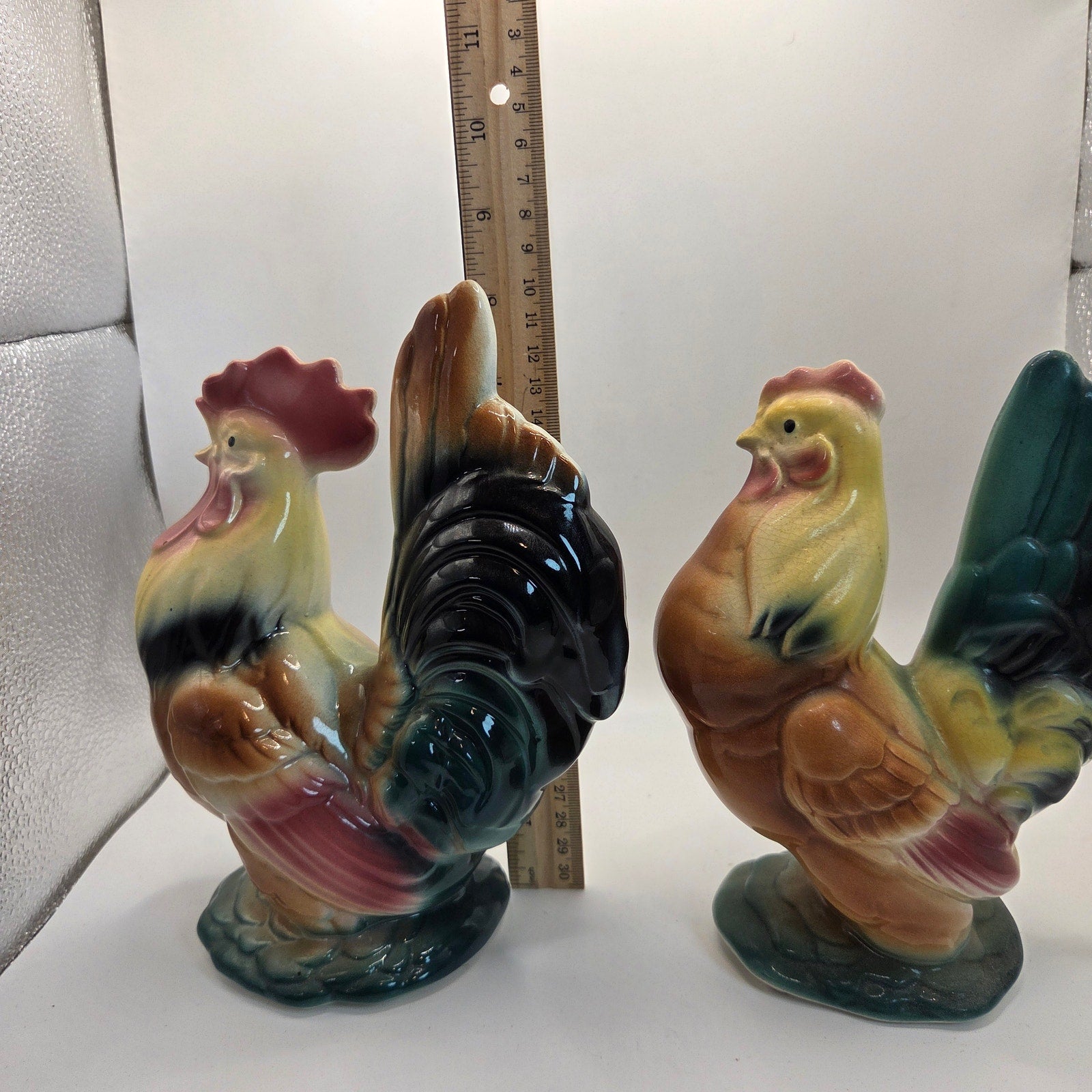 Vintage Royal Copley Rooster & Hen Figurine Pair 1950s Ceramic Statues