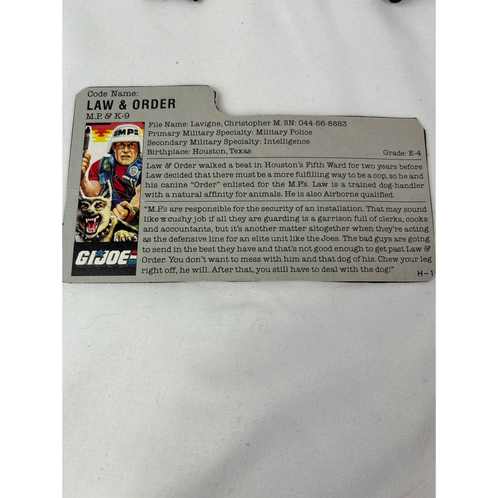 GI Joe Law & Order MP K-9 1987 Vintage Figure Complete with Filecard