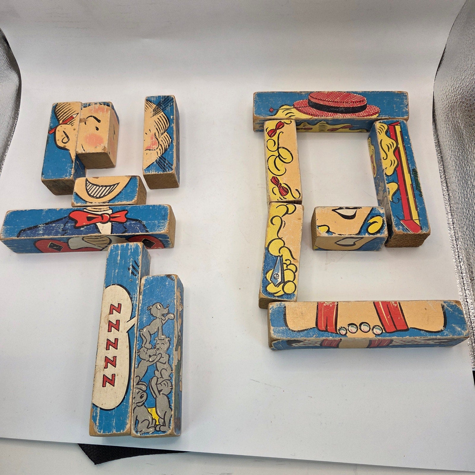 Vintage 1930s Dagwood & Blondie Wooden Comic Puzzle Blocks Lot of 13 Incomplete