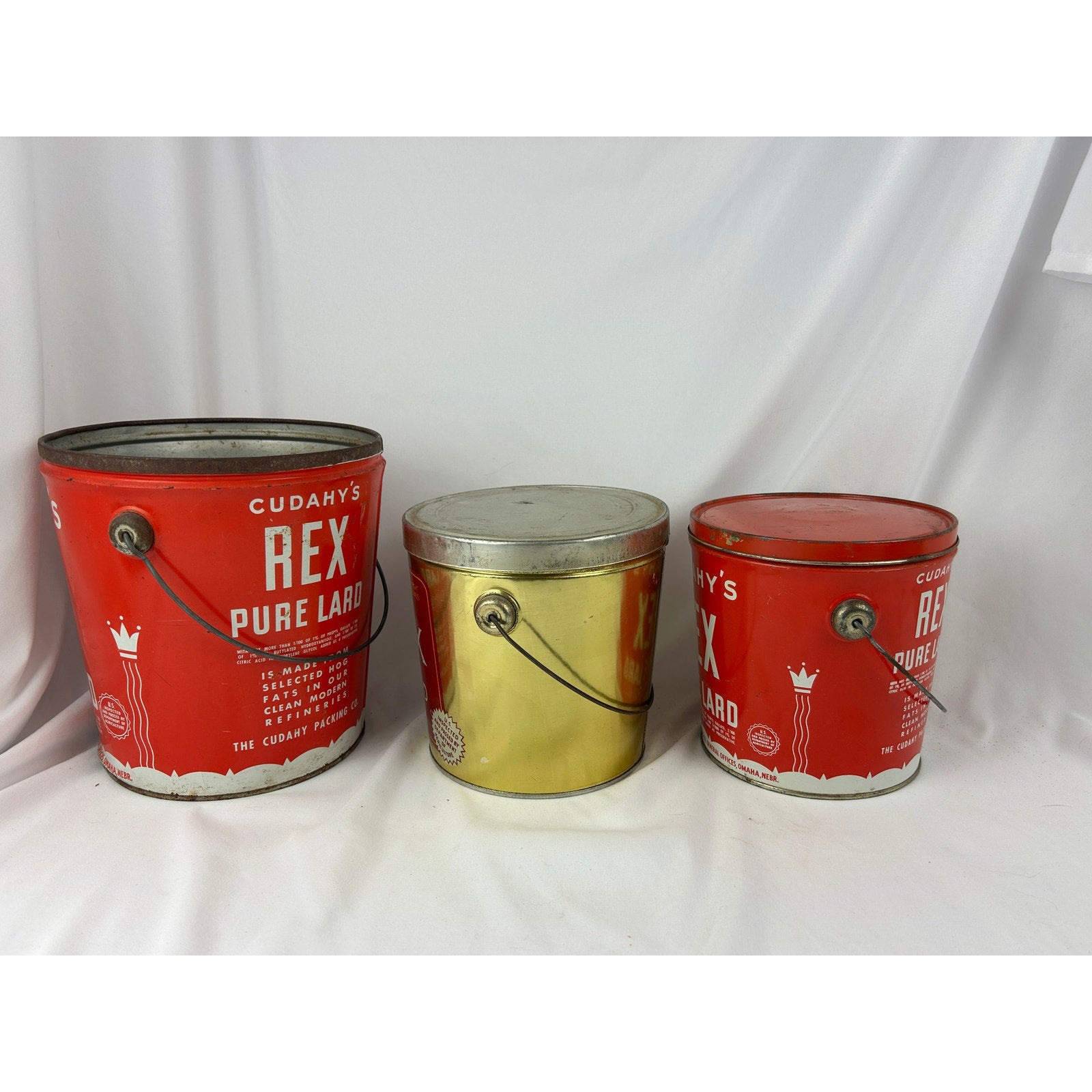 Cudahy’s Rex Pure Lard Vintage Metal Container Tin Bucket Lot of 3- 4, 5 & 8 lb.