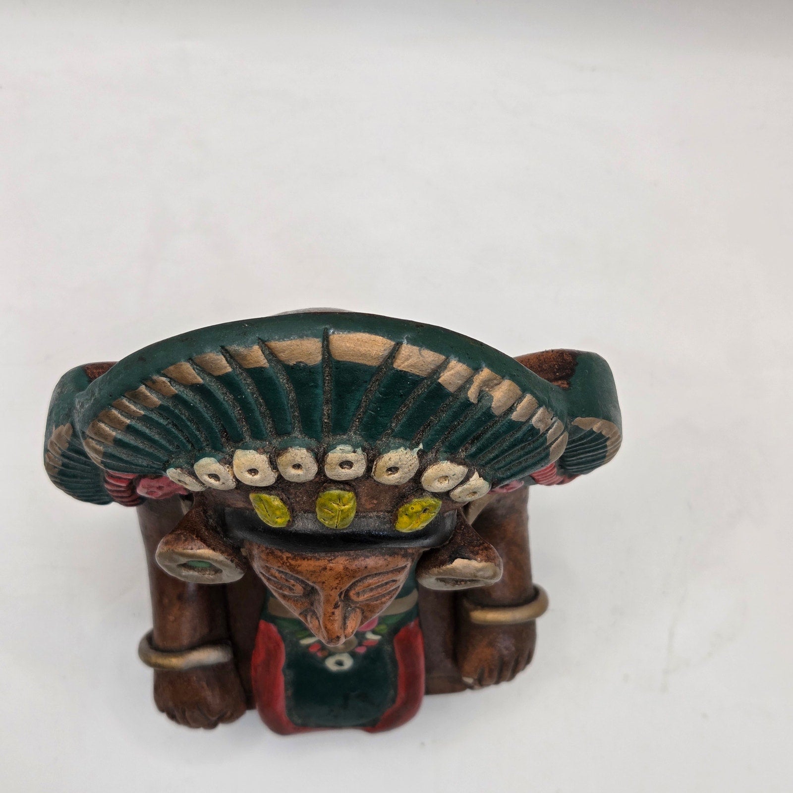 Vintage Mexican Hand Painted Clay Aztec Style Figure Statue 6.5" Folk Art