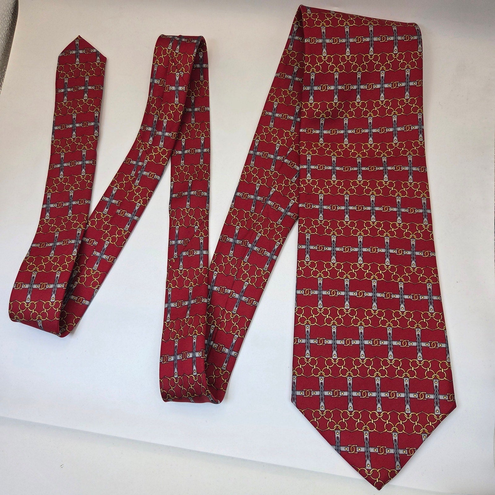 Paolo Gucci Red Silk Chain Link Equestrian Tie Made Italy Vintage 4in Wide