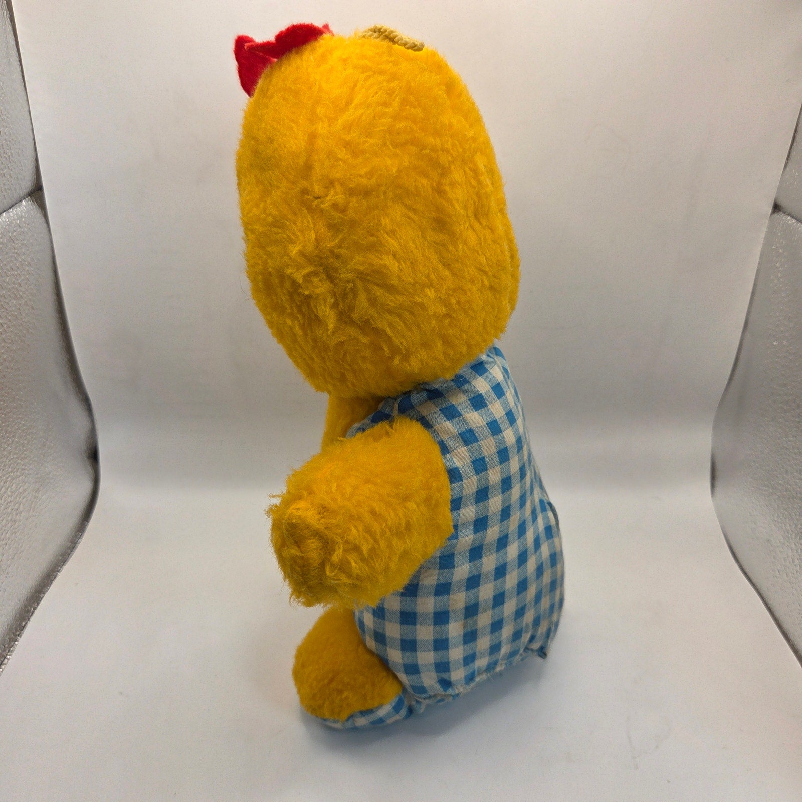 Vintage 1980s Plush Chick Yellow Stuffed Animal in Blue Gingham Romper Haiti