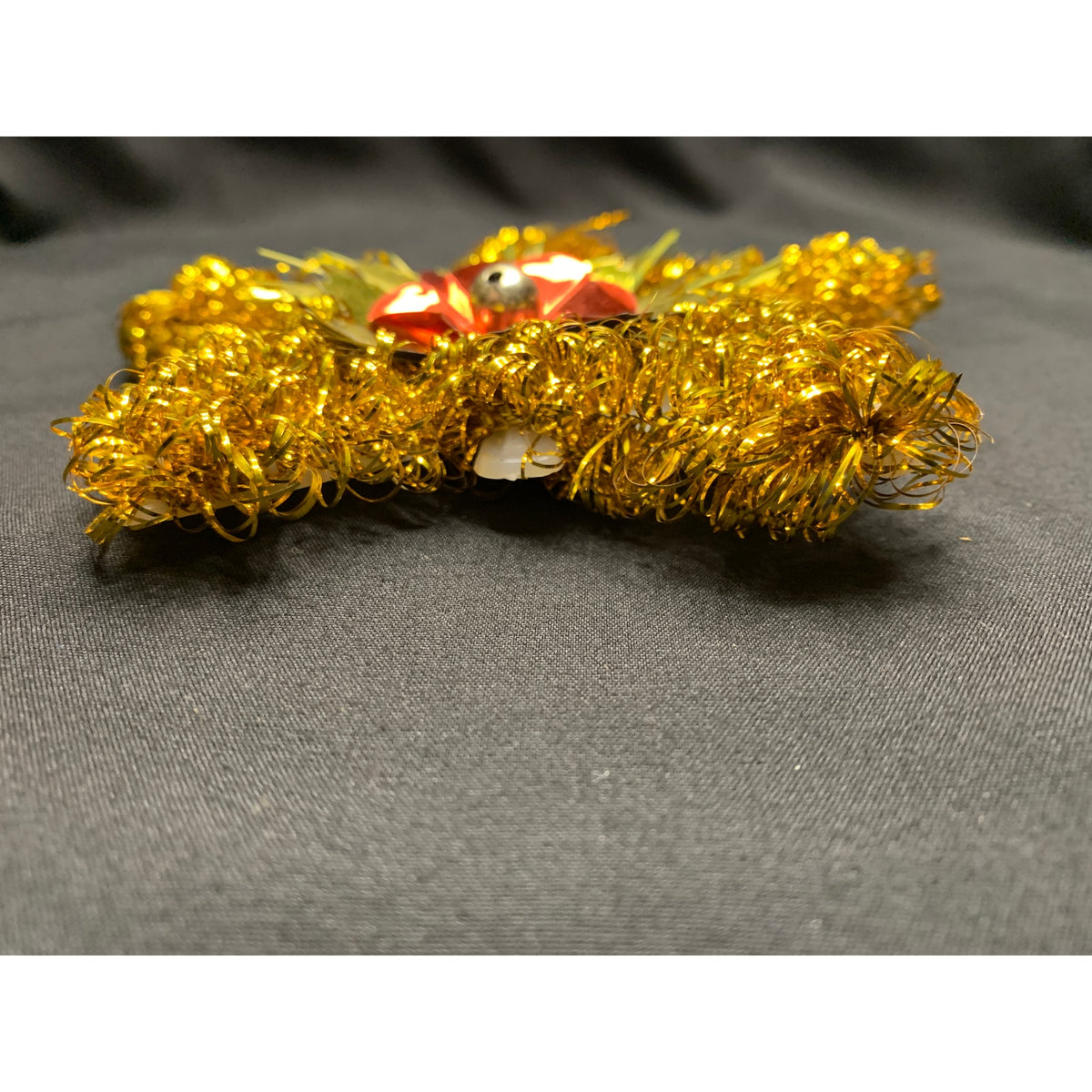 Vintage 1970s Gold Tinsel Star Christmas Tree Topper Red Foil Flower
