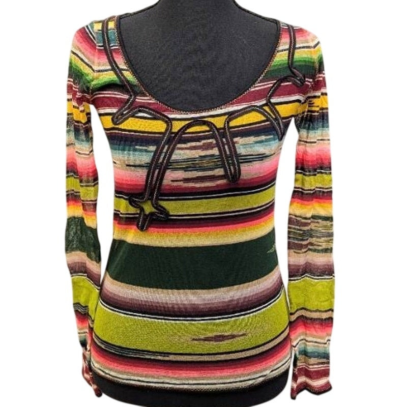 Jean Paul Gaultier Soleil Fuzzi Mesh Top Vintage Y2K Stripe Italy M Long Sleeve