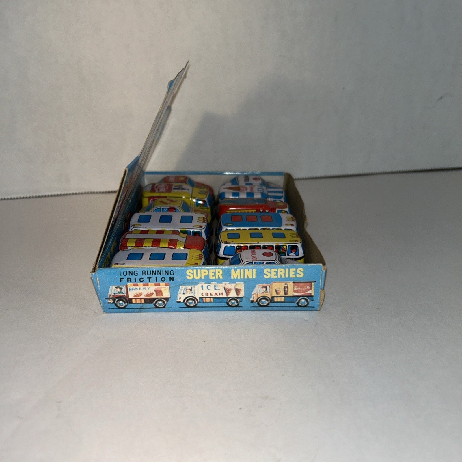 Vintage Tin Litho Friction Super Mini Toy Car Set w/ Display Taiwan 12pc