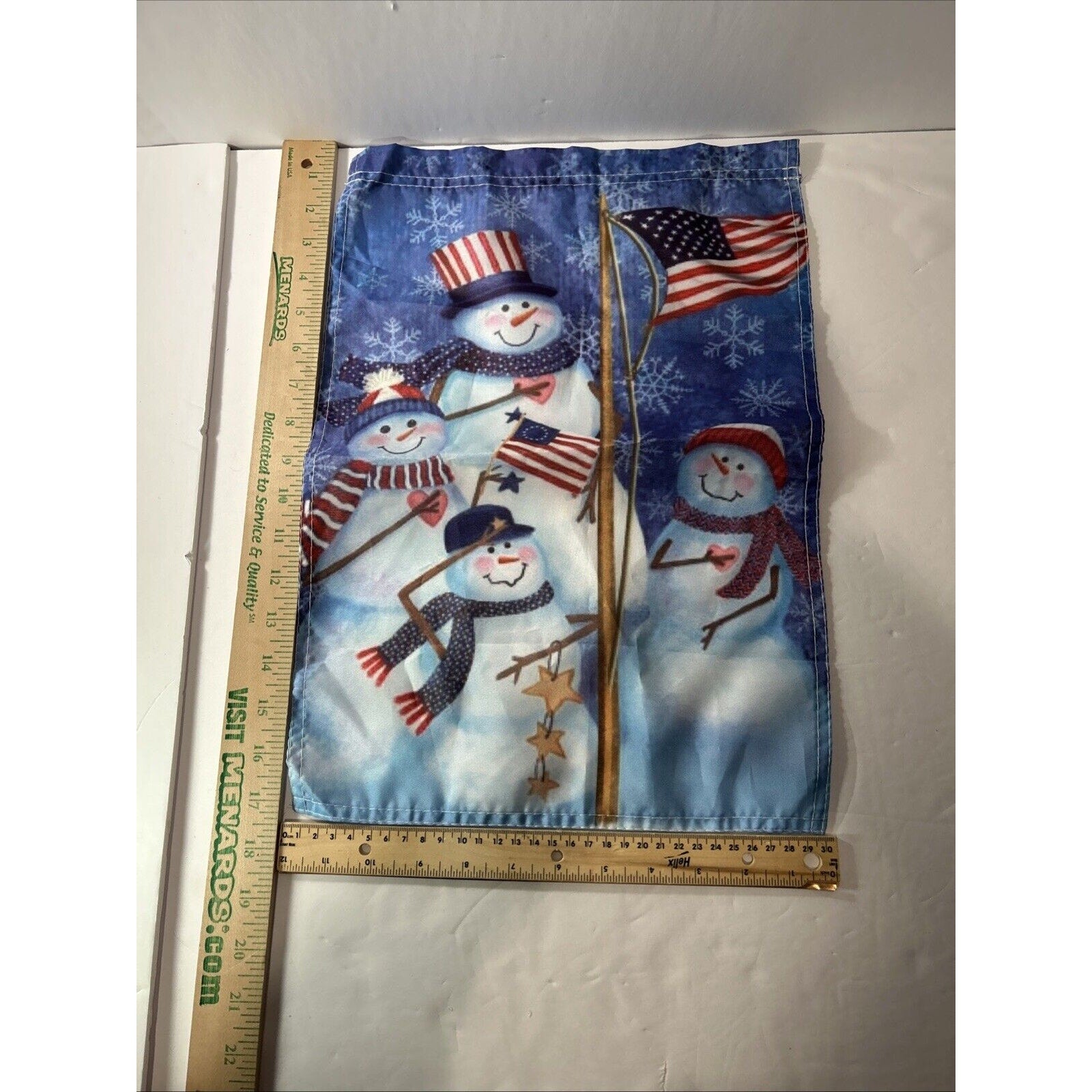 Lot of 2 Snowman Garden Flags Welcome & Patriotic Winter 17x12