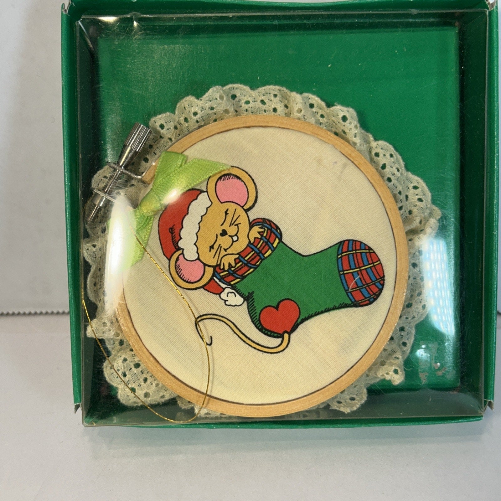 Vintage 1985 Giftco Heart Warmers Wood & Cloth Christmas Ornament Mouse Stocking