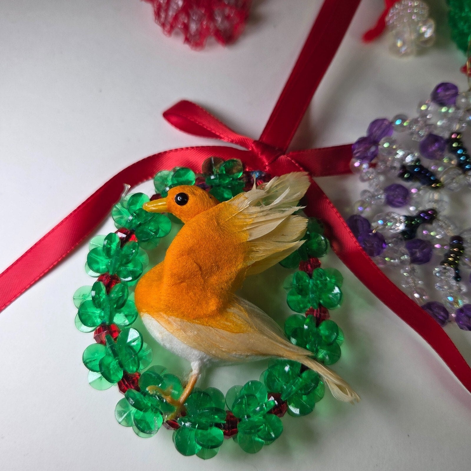 Vintage Handmade Beaded Christmas Ornaments Lot – Wreaths, Birds, More