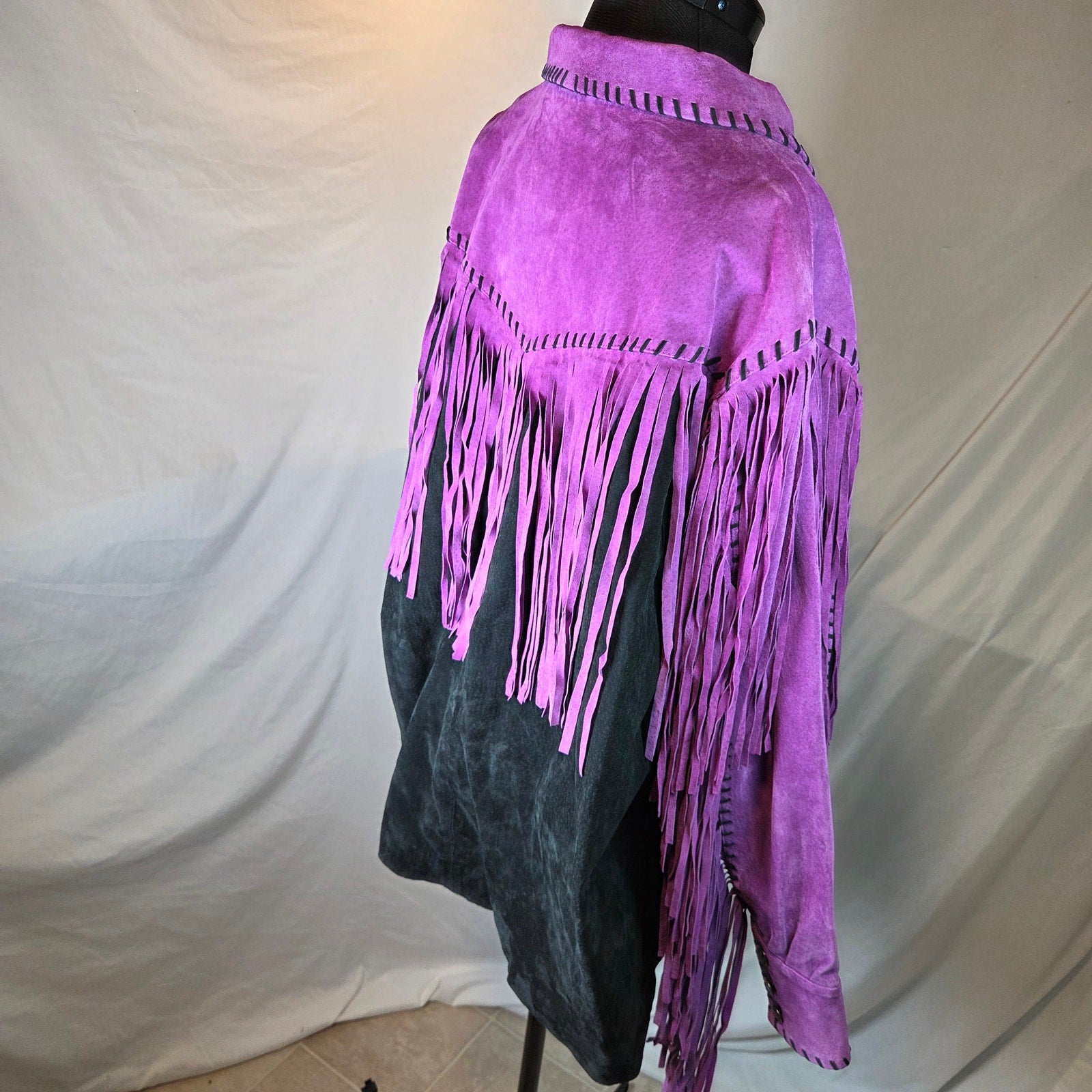 Bob Mackie Wearable Art 2X Leather Fringe Western Jacket Purple Black
