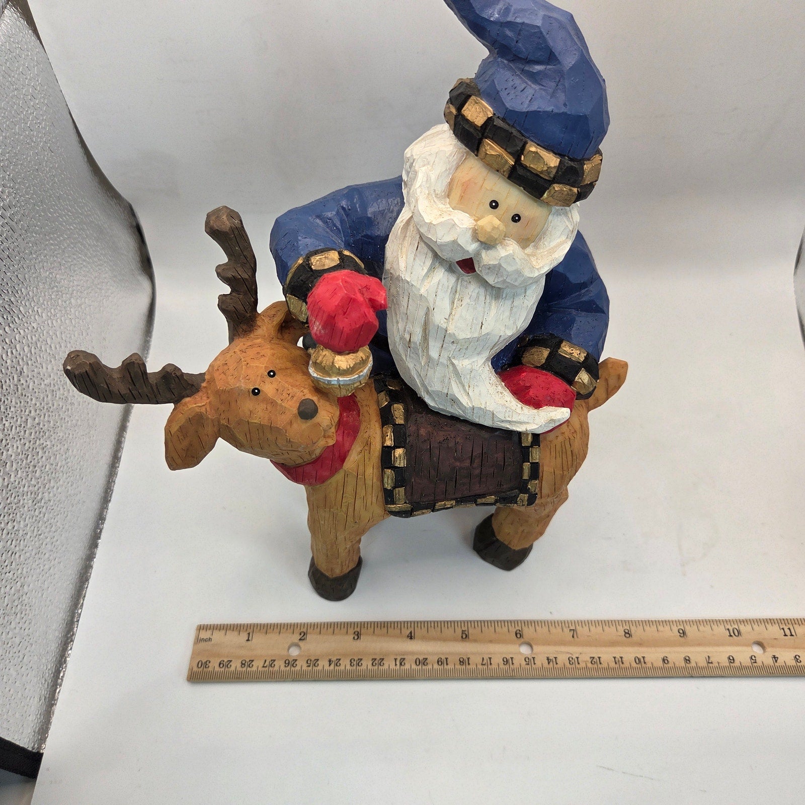Blue Coat Santa Riding Reindeer Figurine Resin Christmas Decor 11”