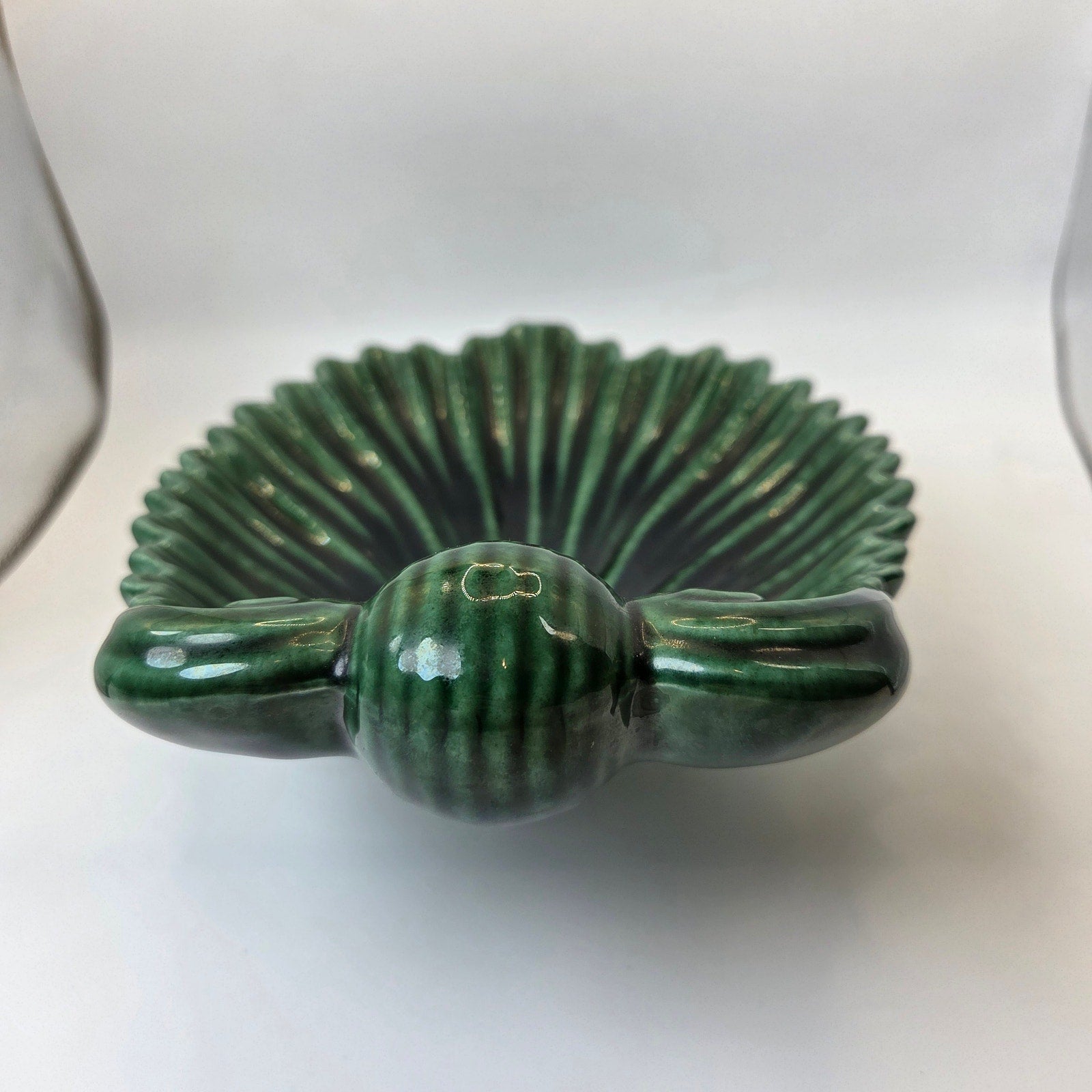 Vintage 1959 Green Glazed Shell Form Footed Art Pottery Dish Centerpiece 11in