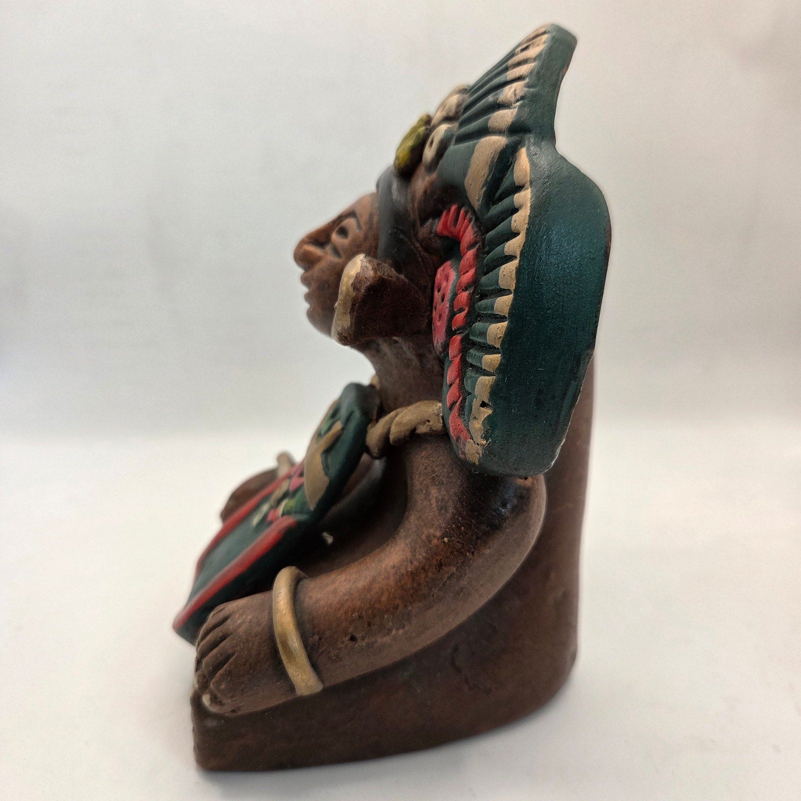 Vintage Mexican Hand Painted Clay Aztec Style Figure Statue 6.5" Folk Art