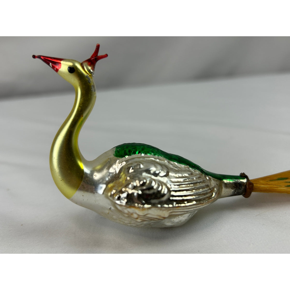 Vintage German Mercury Glass Peacock Bird Ornament Painted Wood Tail 5.5"