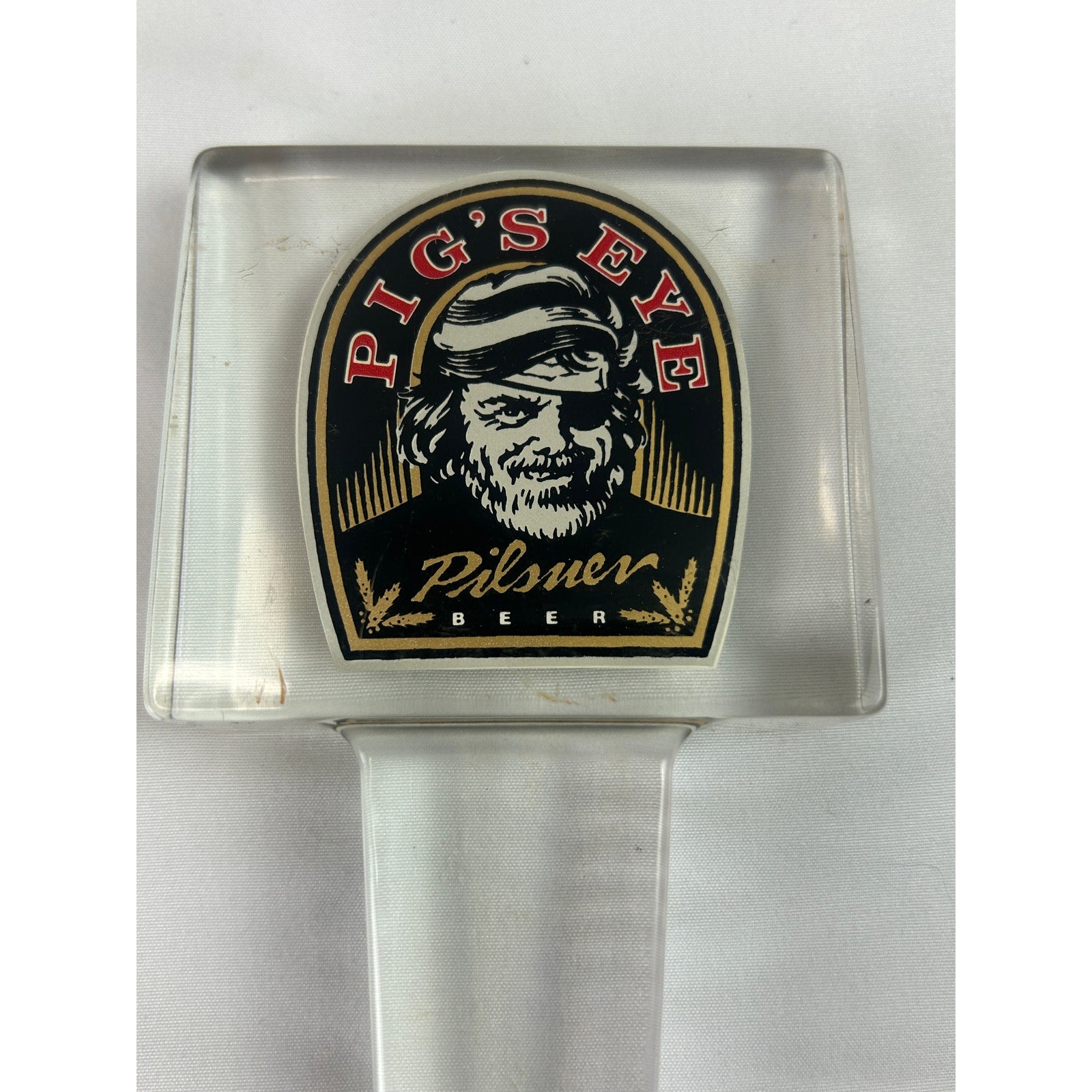 Pig's Eye Pilsner Vintage Beer Tap Handle Clear Acrylic Pirate Bar Breweriana