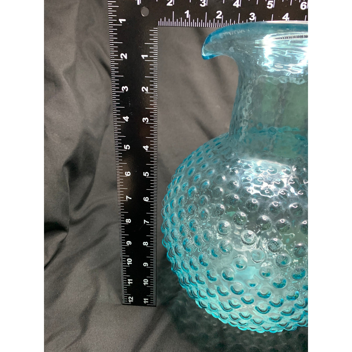 Large Aqua Blue Hobnail Glass Pitcher Clear Applied Handle Heavy Art Glass
