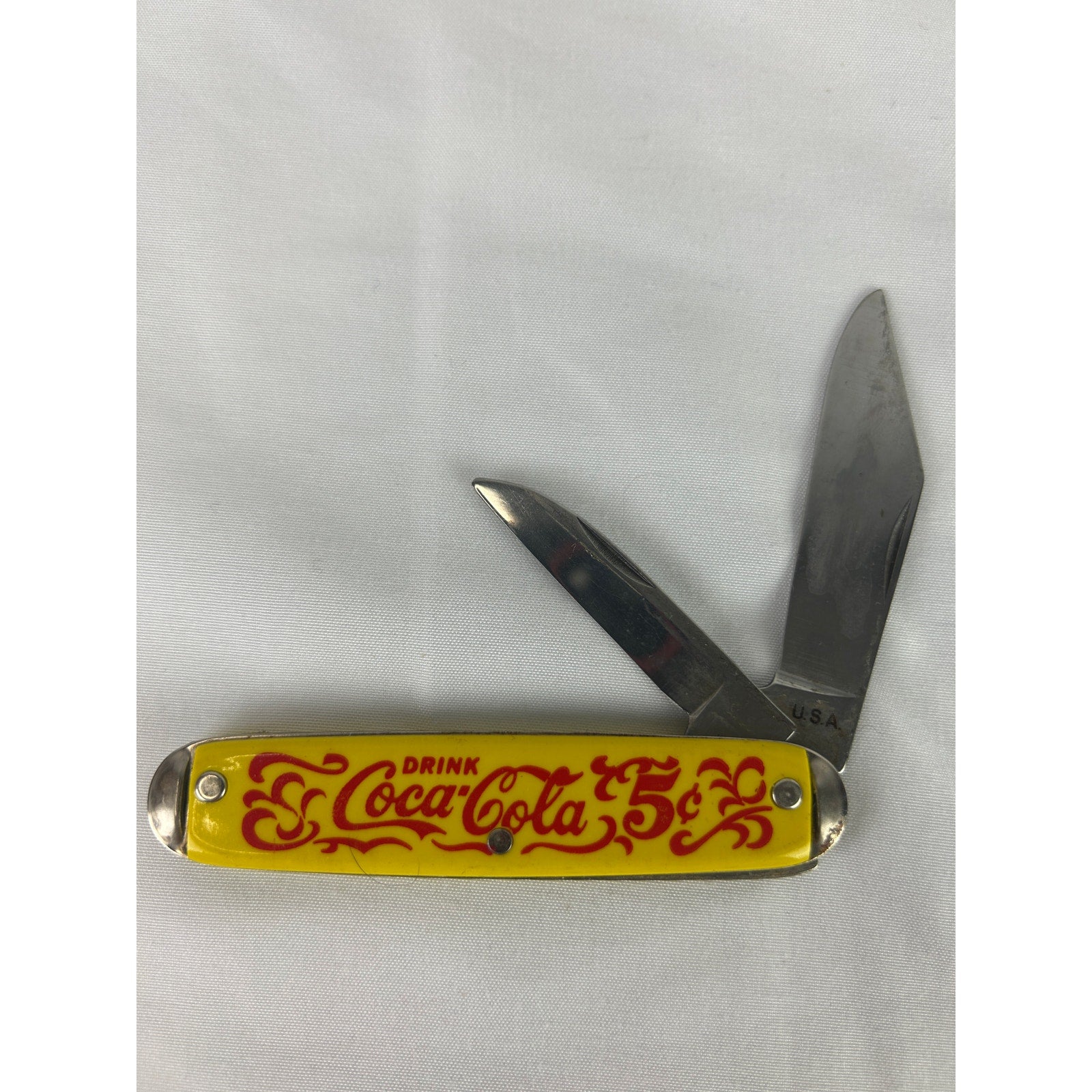 Vintage Coca Cola 5 Cent Yellow Advertising 2 Blade Pocket Knife USA Made