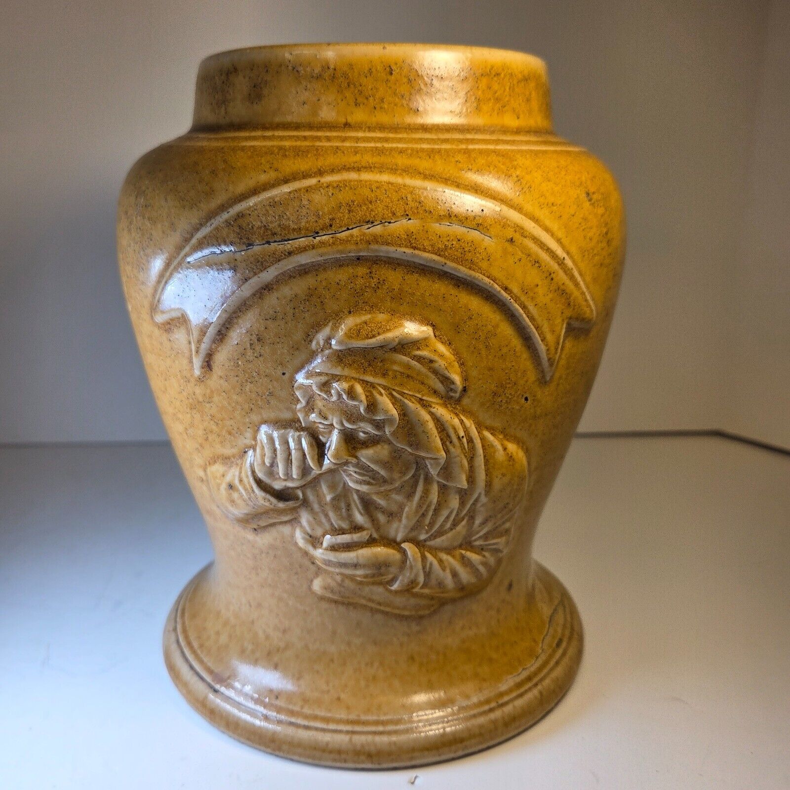 Antique Stoneware Snuff Jar 7.5" Relief Man Sniffing #2 No Lid Pre-1930