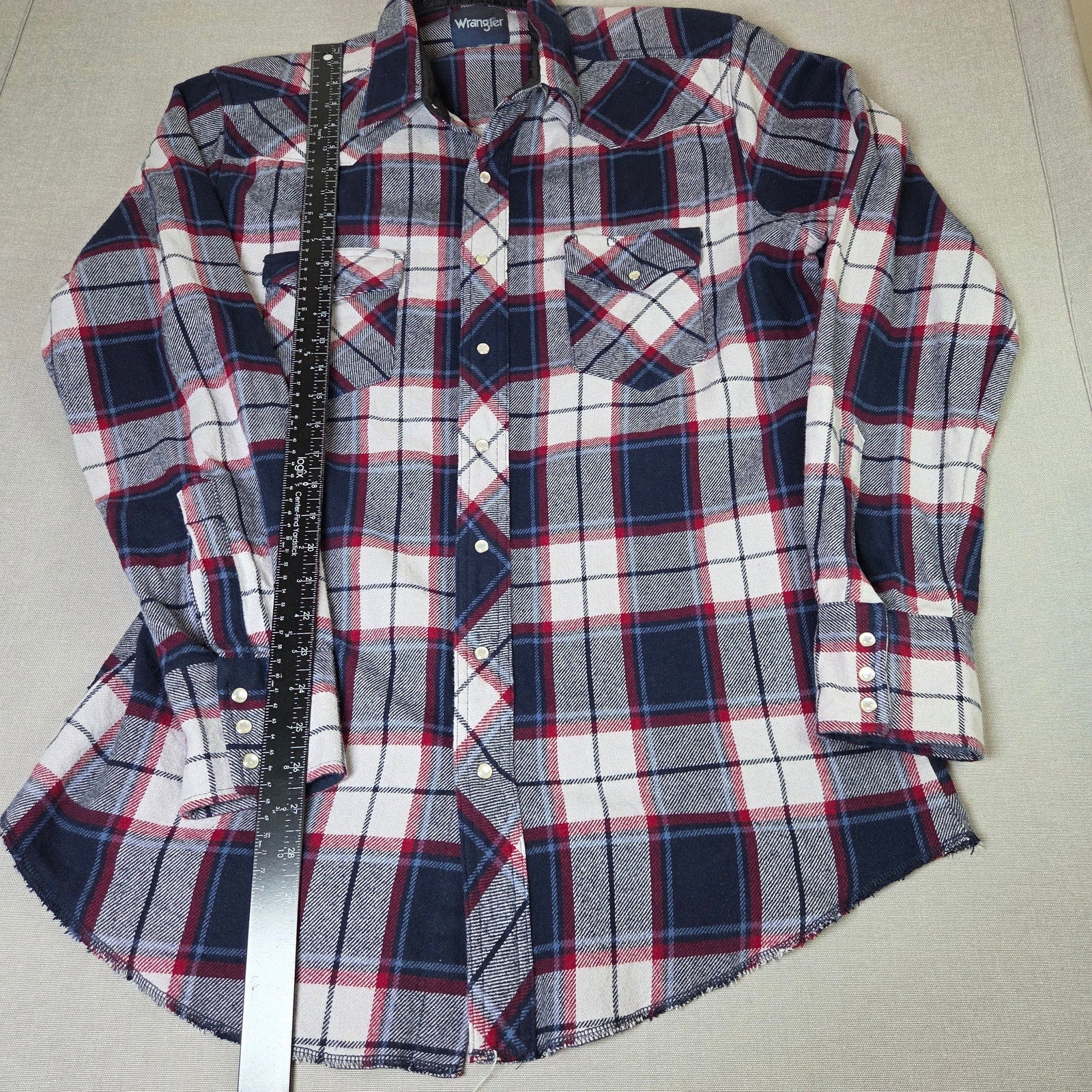 Wrangler Pearl Snap Western Plaid Long Sleeve Shirt Red Blue 22x32