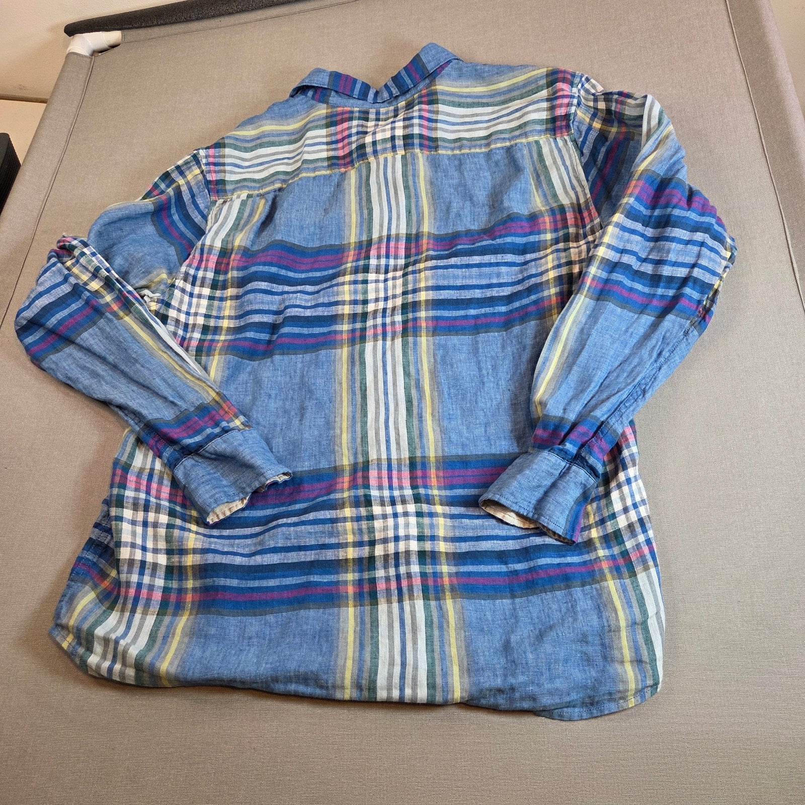 Tommy Bahama Linen Plaid Shirt XL Blue Button Up Marlin Logo Long Sleeve