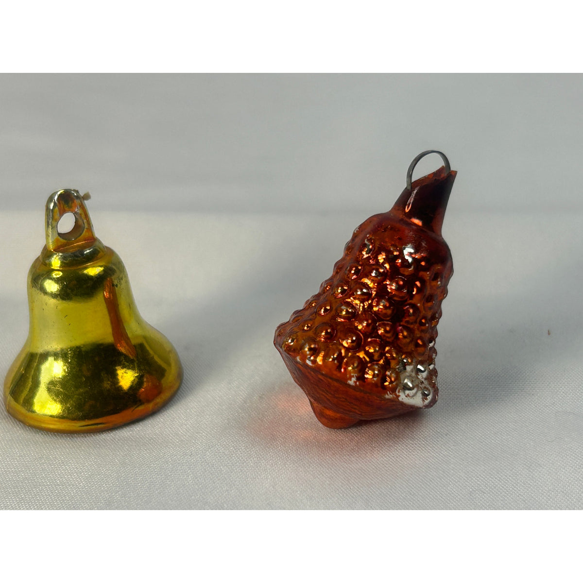 Vintage Glass Christmas Ornaments Bell And Fruit Basket Mercury Glass Pair