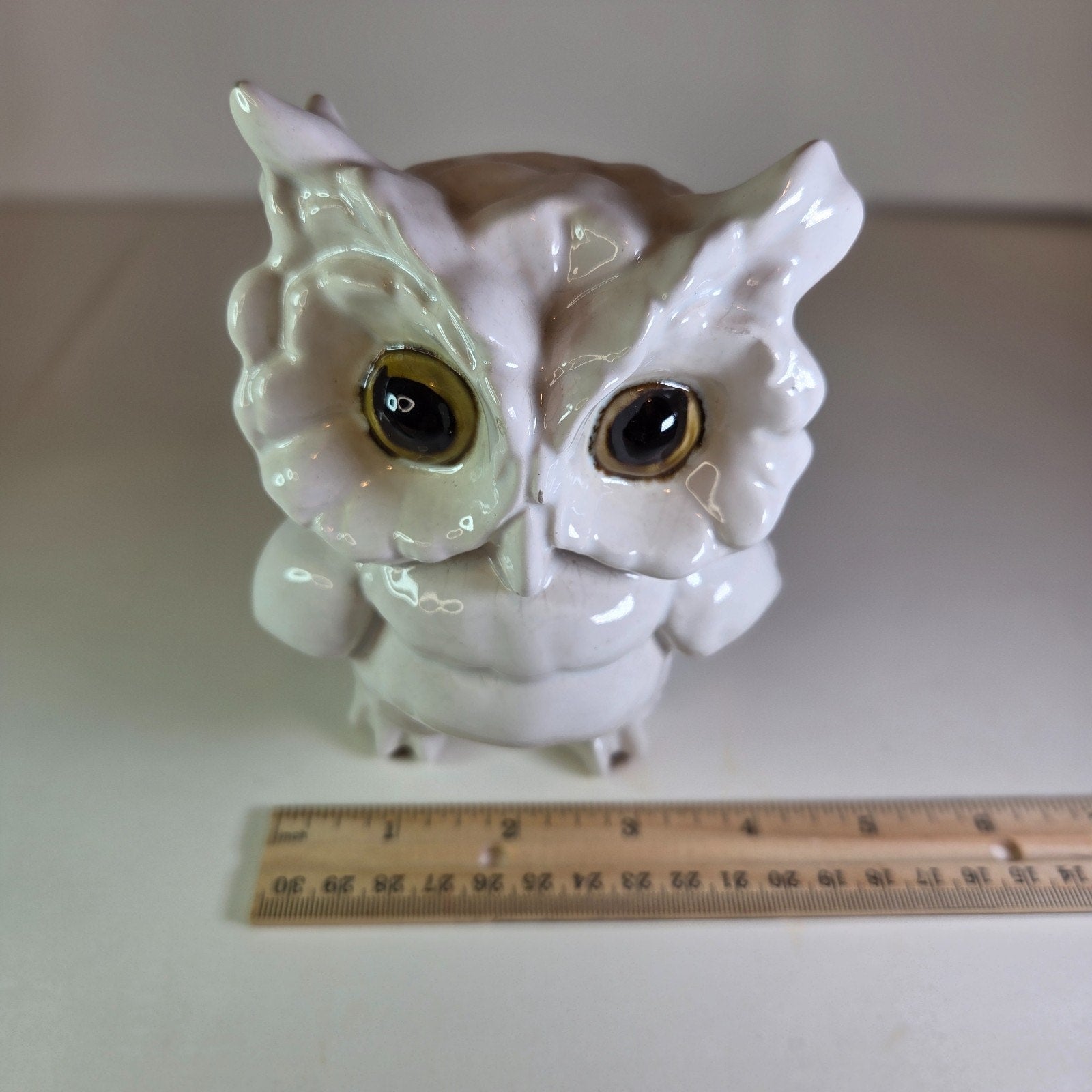 Vintage White Ceramic Owl Figurine Mid-Century Style Big Eyes 5.75" Tall