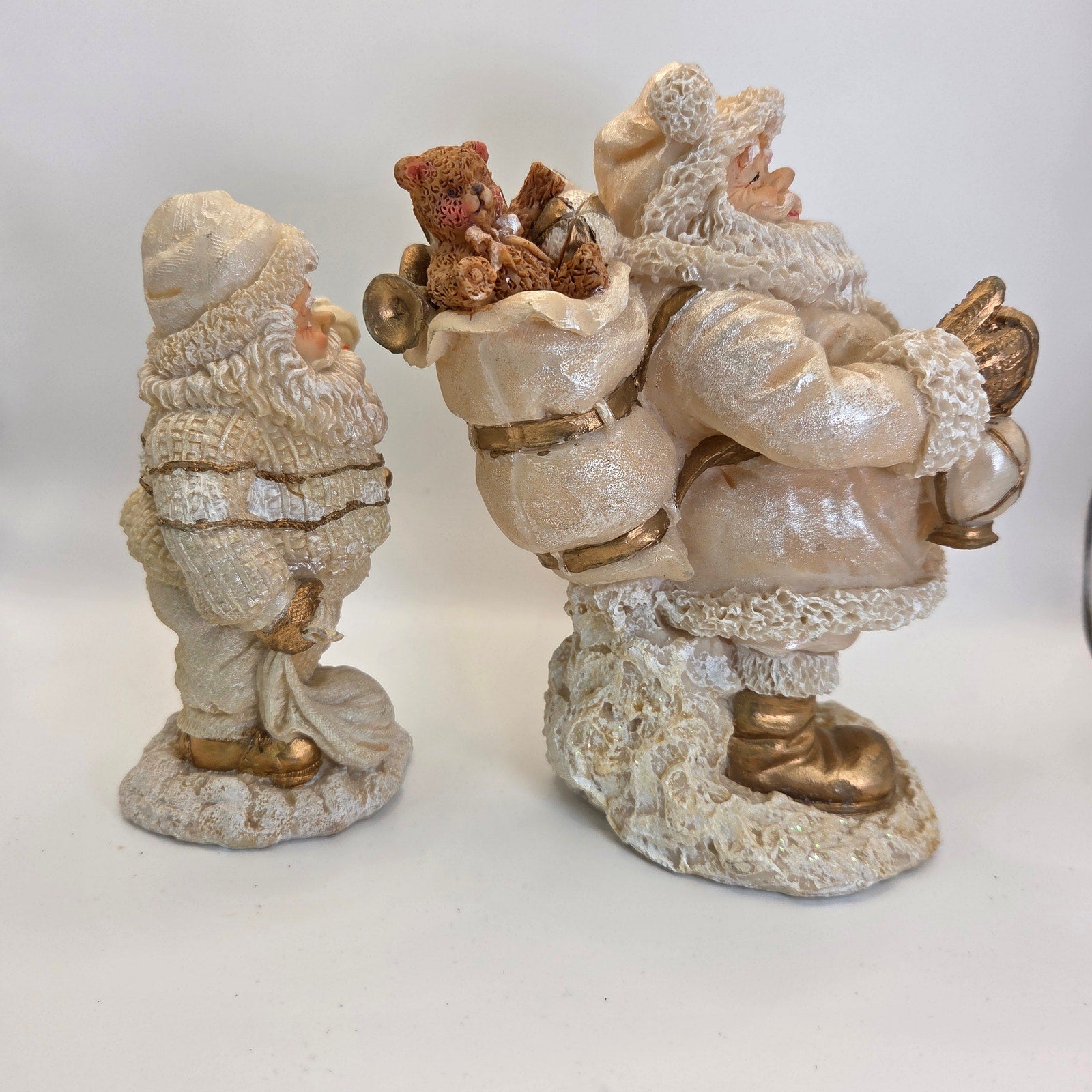 Lot of 2 White Santa Claus Figurines – Gold & Cream Christmas Holiday Decor