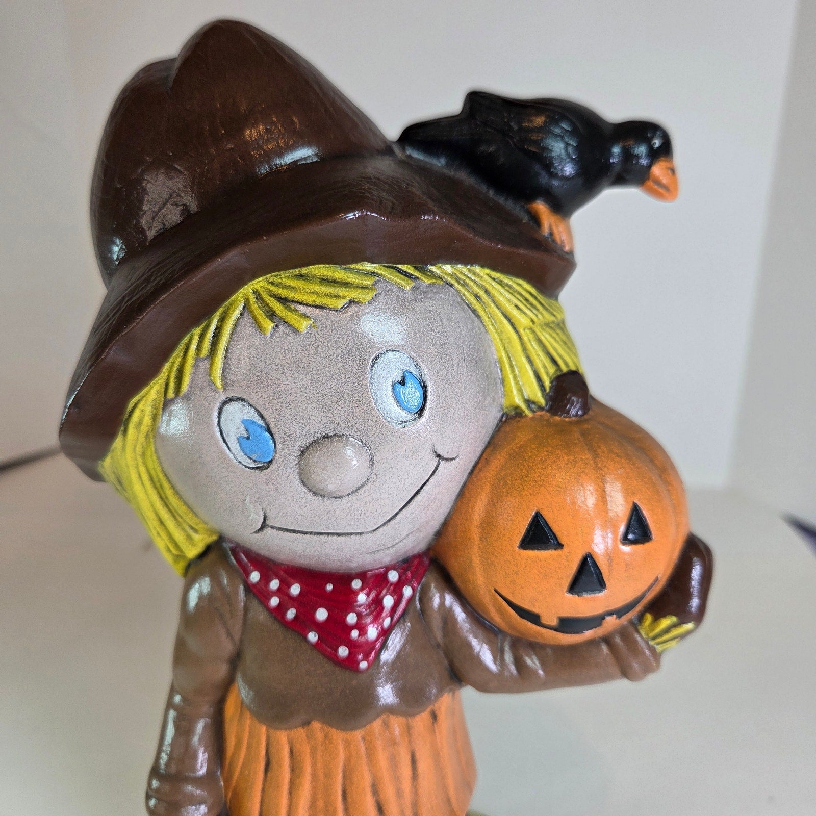 Vintage 1977 Macky Halloween Scarecrow Figurine Pumpkin Crow 10.25" Hand Painted