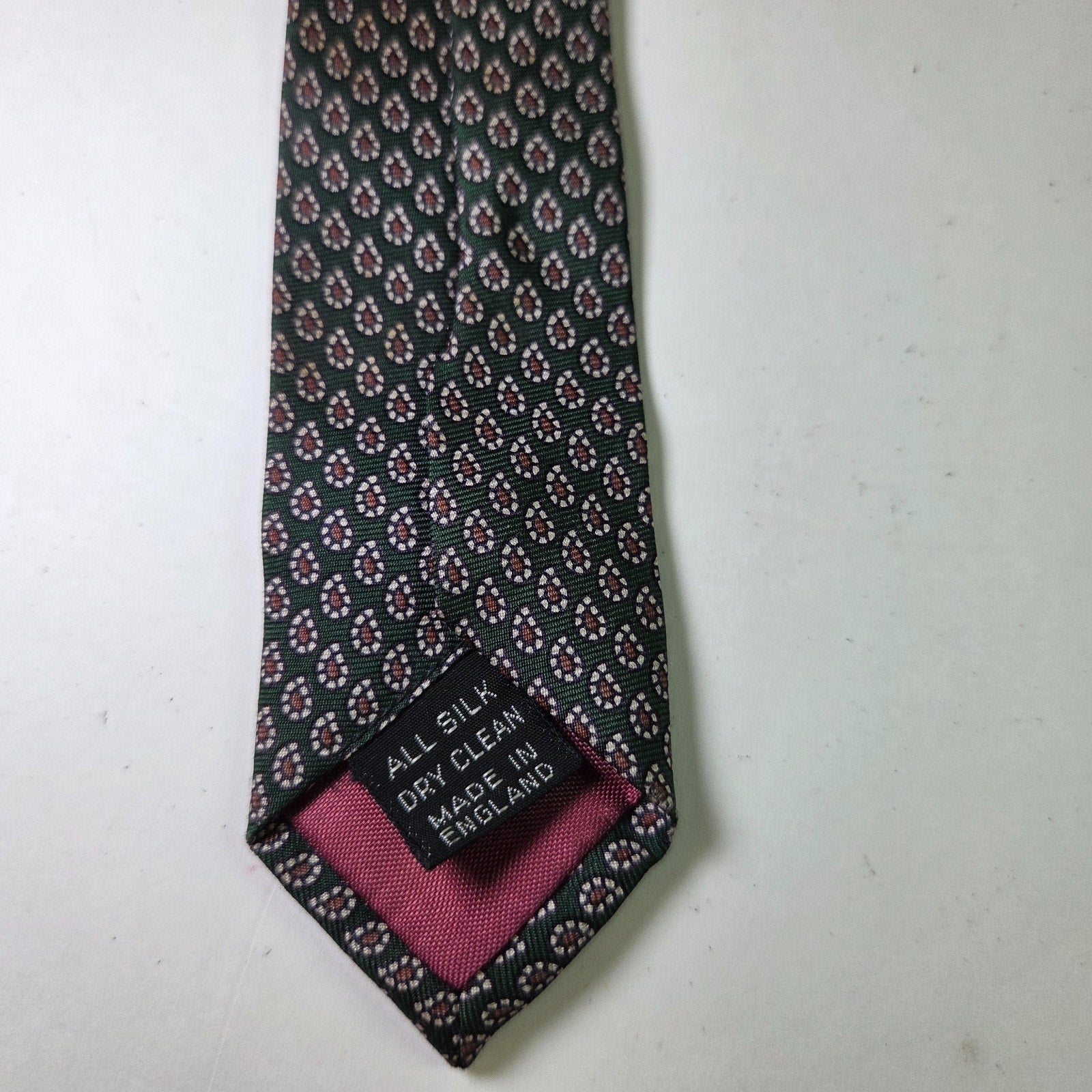Robert White English Silk Tie Green Red Micro Paisley John Comfort Vintage