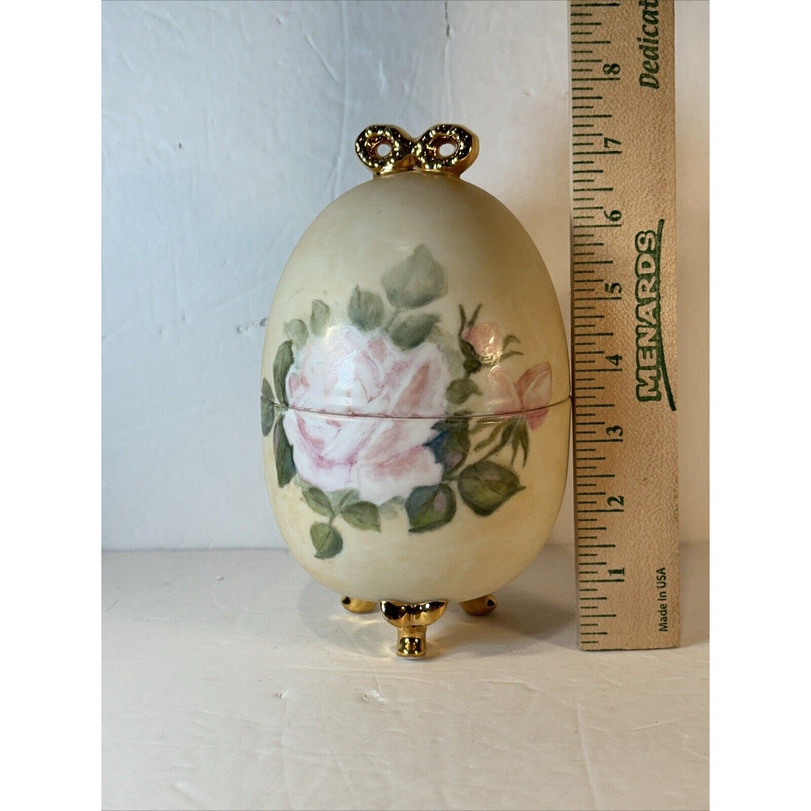 Vintage Porcelain Hand Painted Footed Egg Trinket Box Hinged Floral