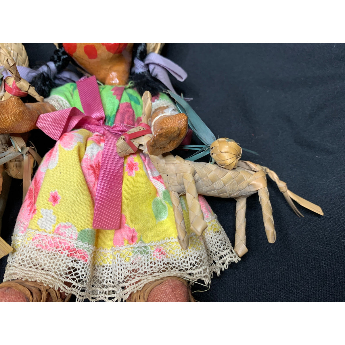 Vintage Mexican Folk Art Oilcloth Dolls Pair Straw Hats Animals 1960s 1970s