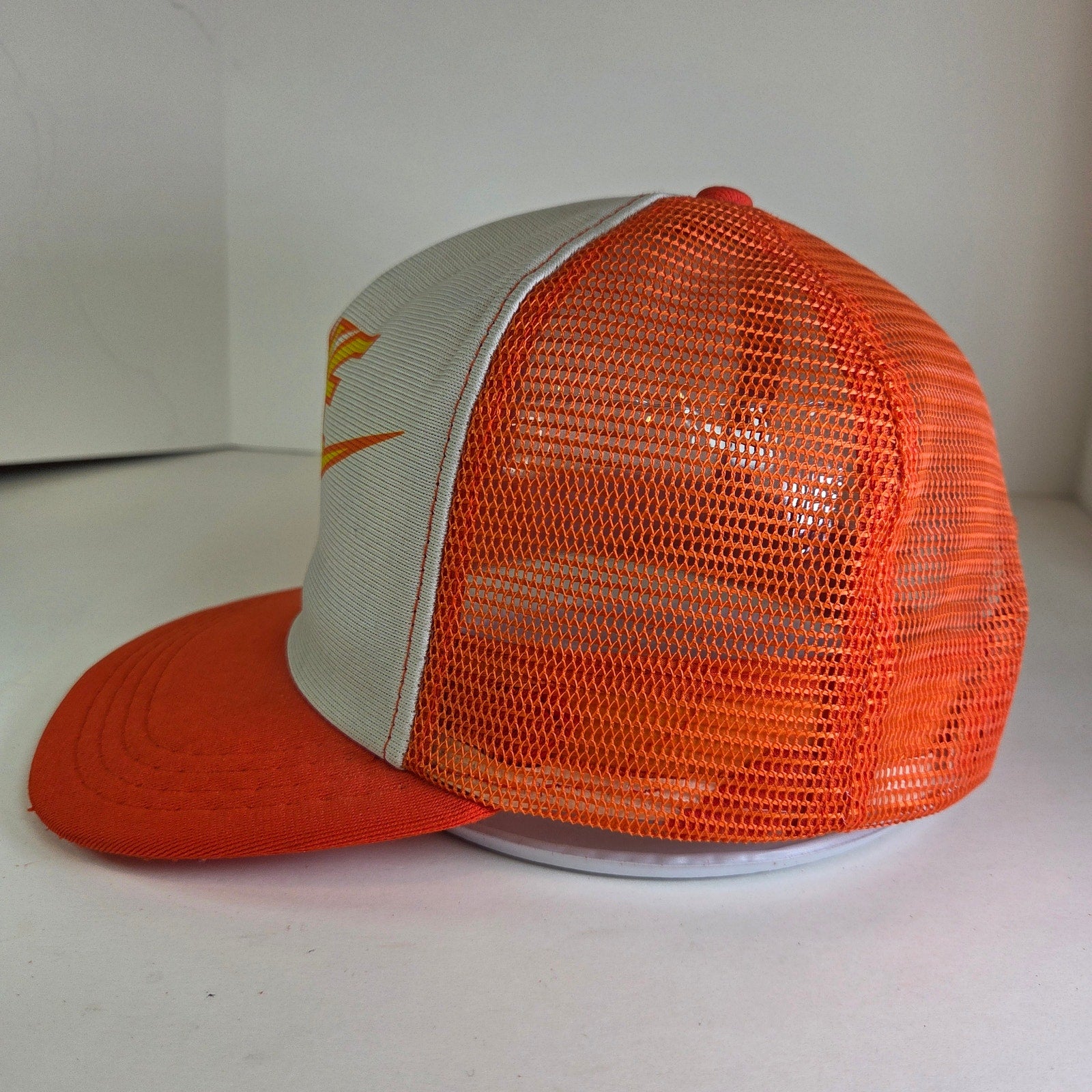 Vintage 1980s Nike Trucker Hat Orange White Mesh Snapback Big Swoosh Logo