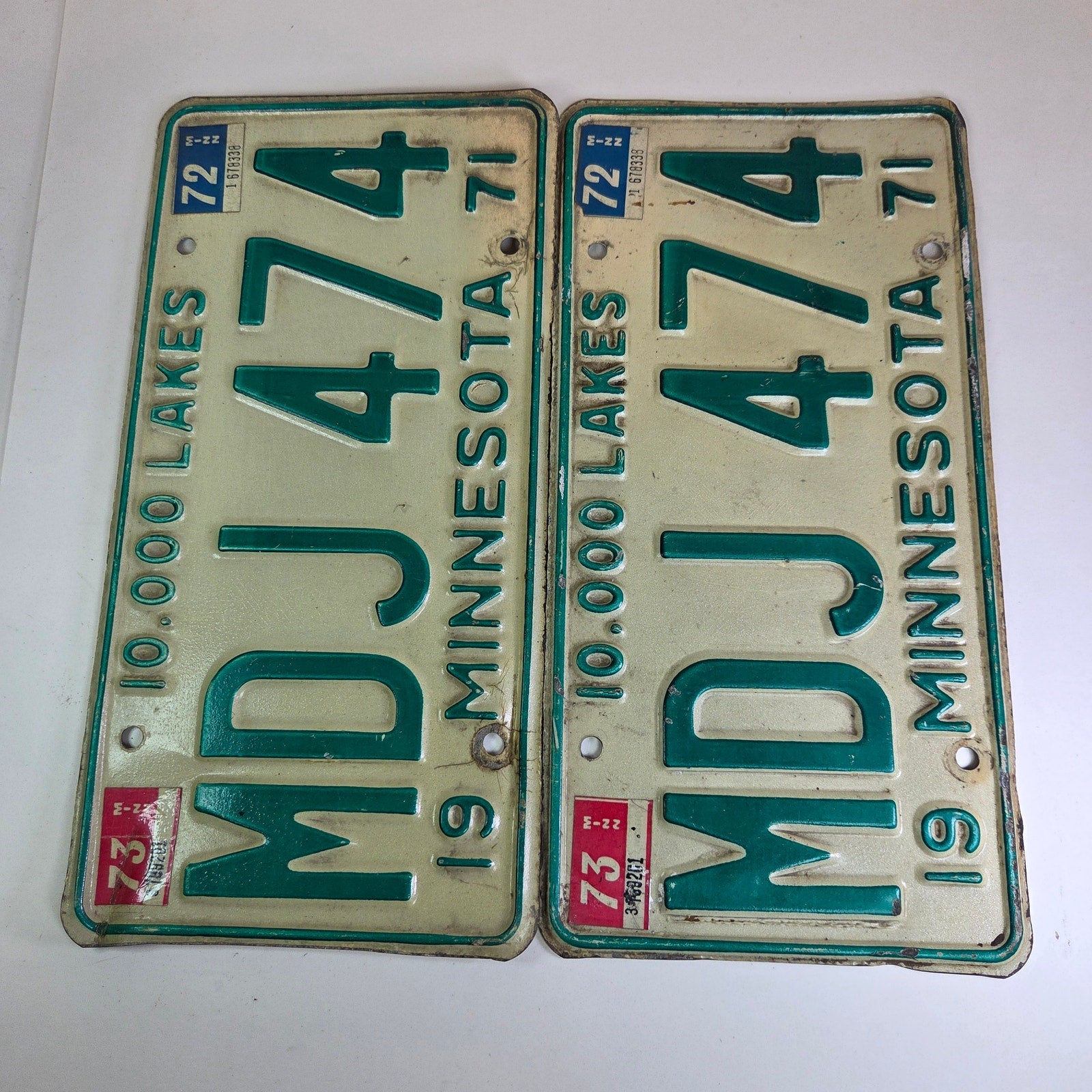 1971 Minnesota License Plate Pair w/ 72 73 Tabs – MDJ 474 – Vintage MN Tags